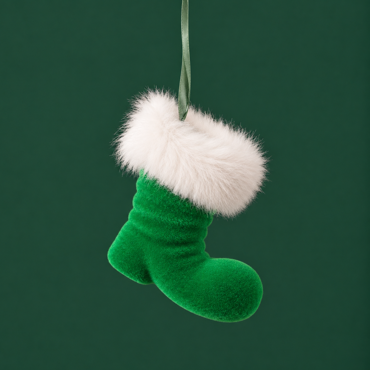 a green flocked boot ornament. 