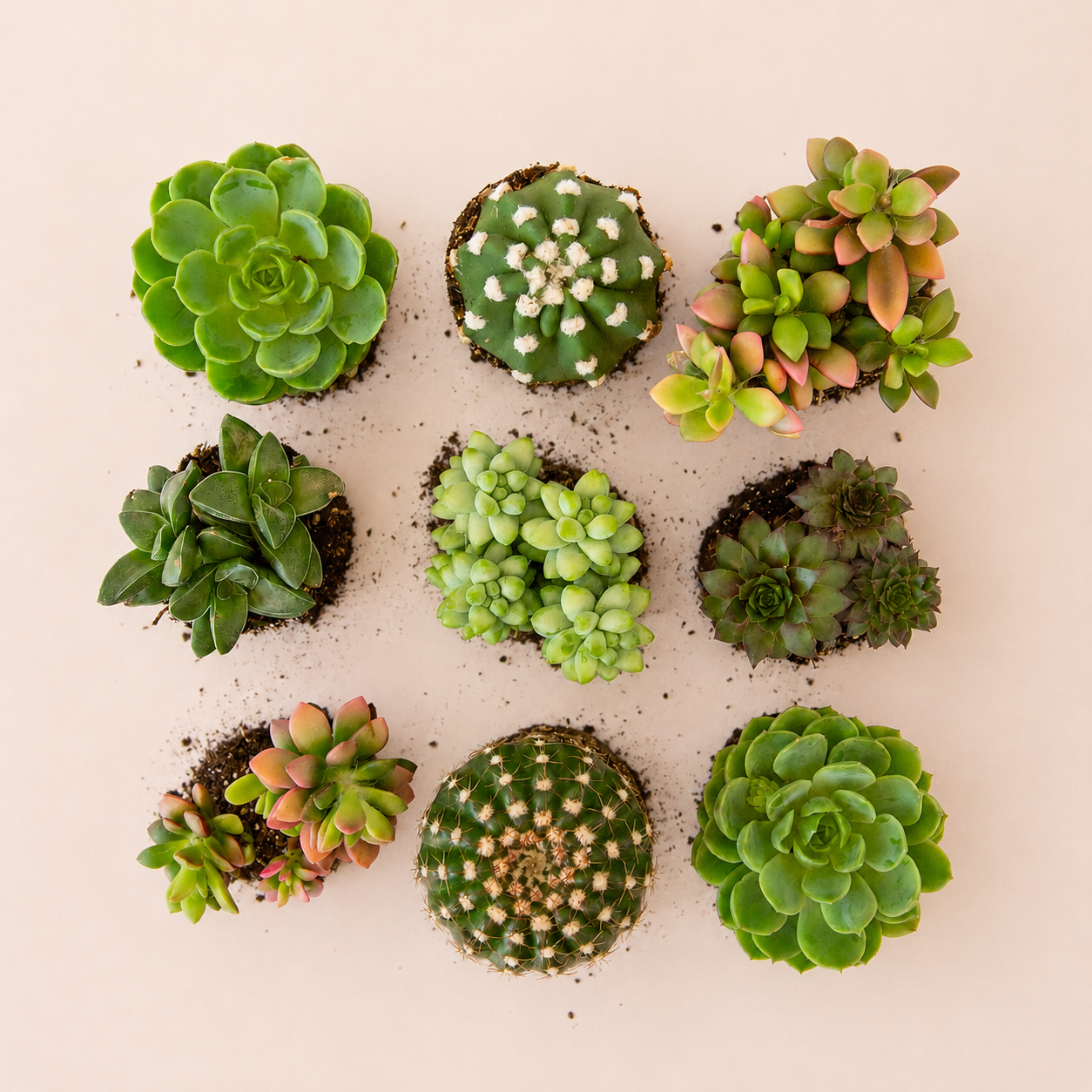An assortment of succulent and cacti with a green hue. 