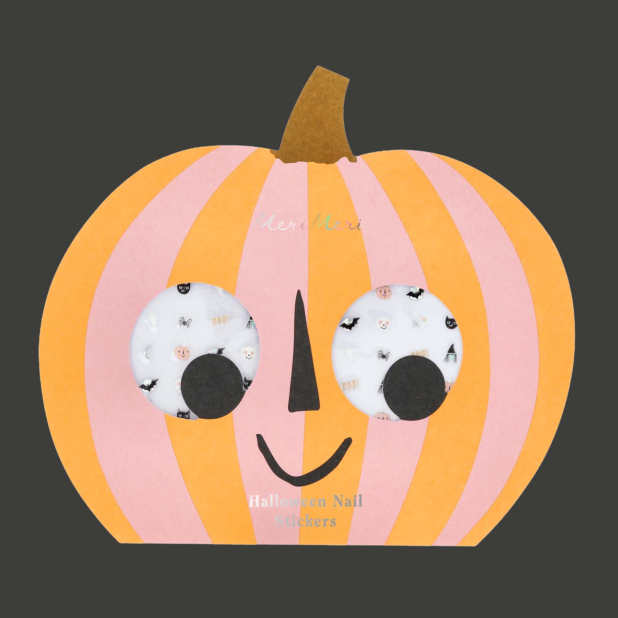 A pink and orange striped pumpkin shaped nail sticker package. 