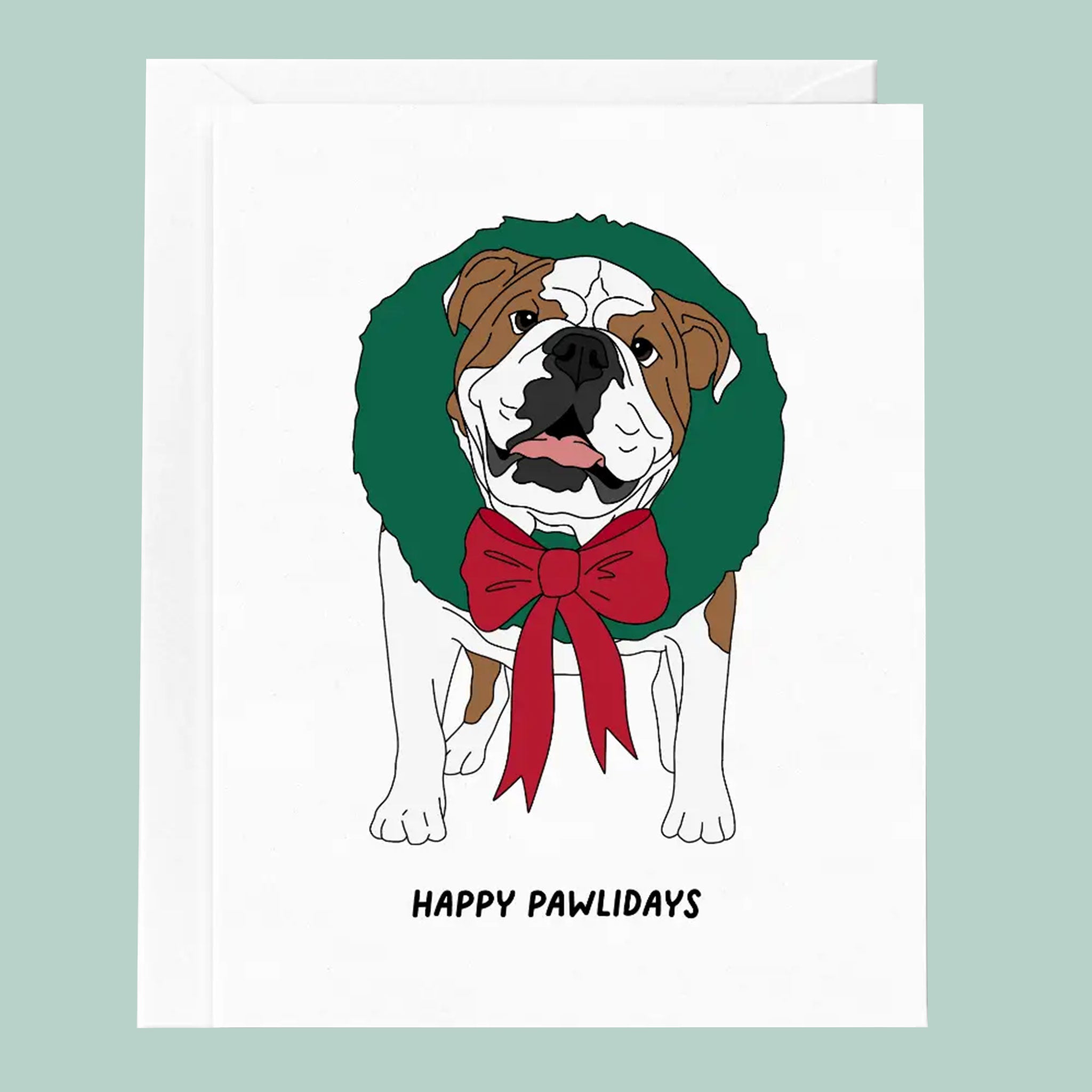 illustration of dog wearing a christmas wreath that reads "Happy Pawlidays"