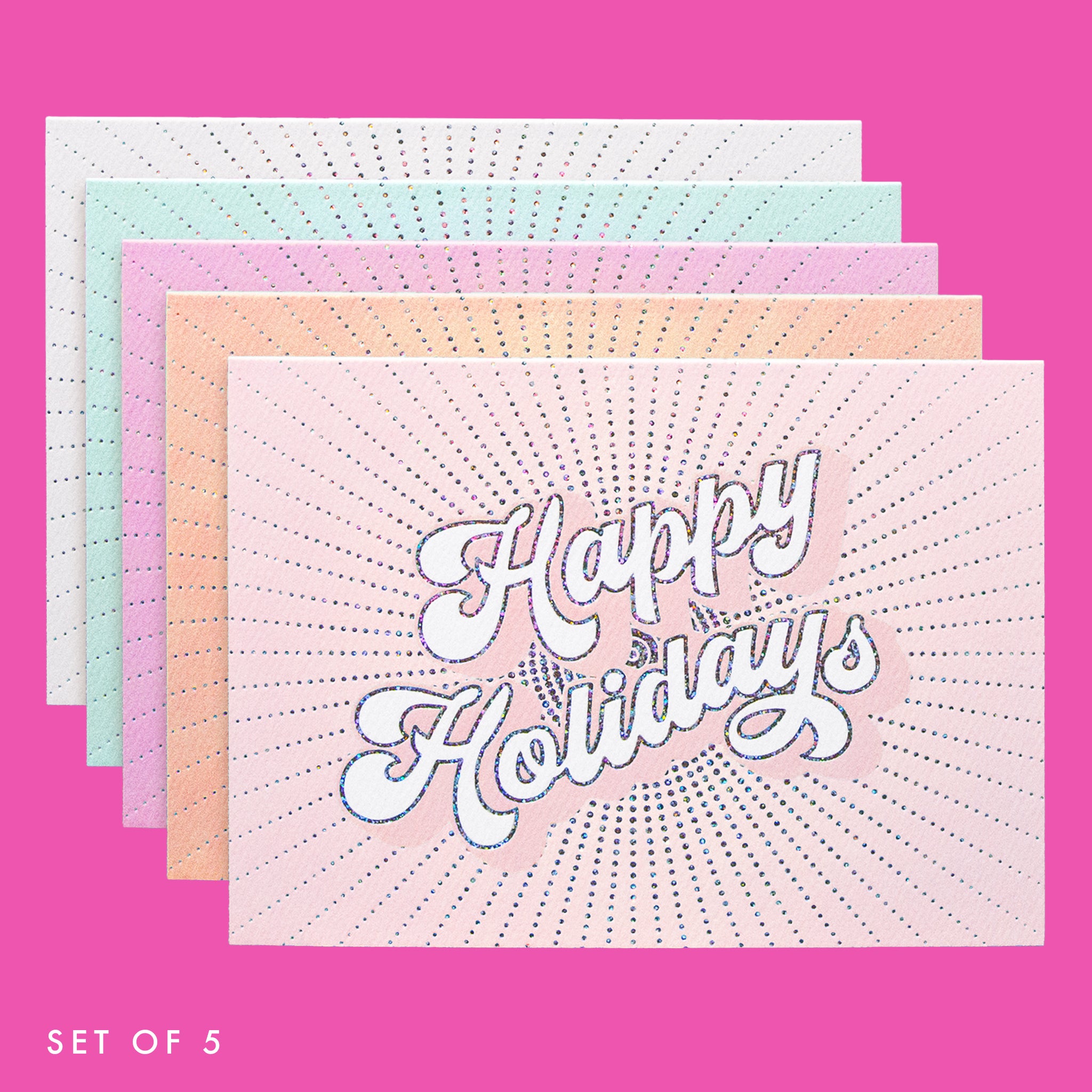Set of five 'Happy Holidays' greeting cards with pastel designs on a pink background.