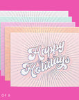Set of five 'Happy Holidays' greeting cards with pastel designs on a pink background.