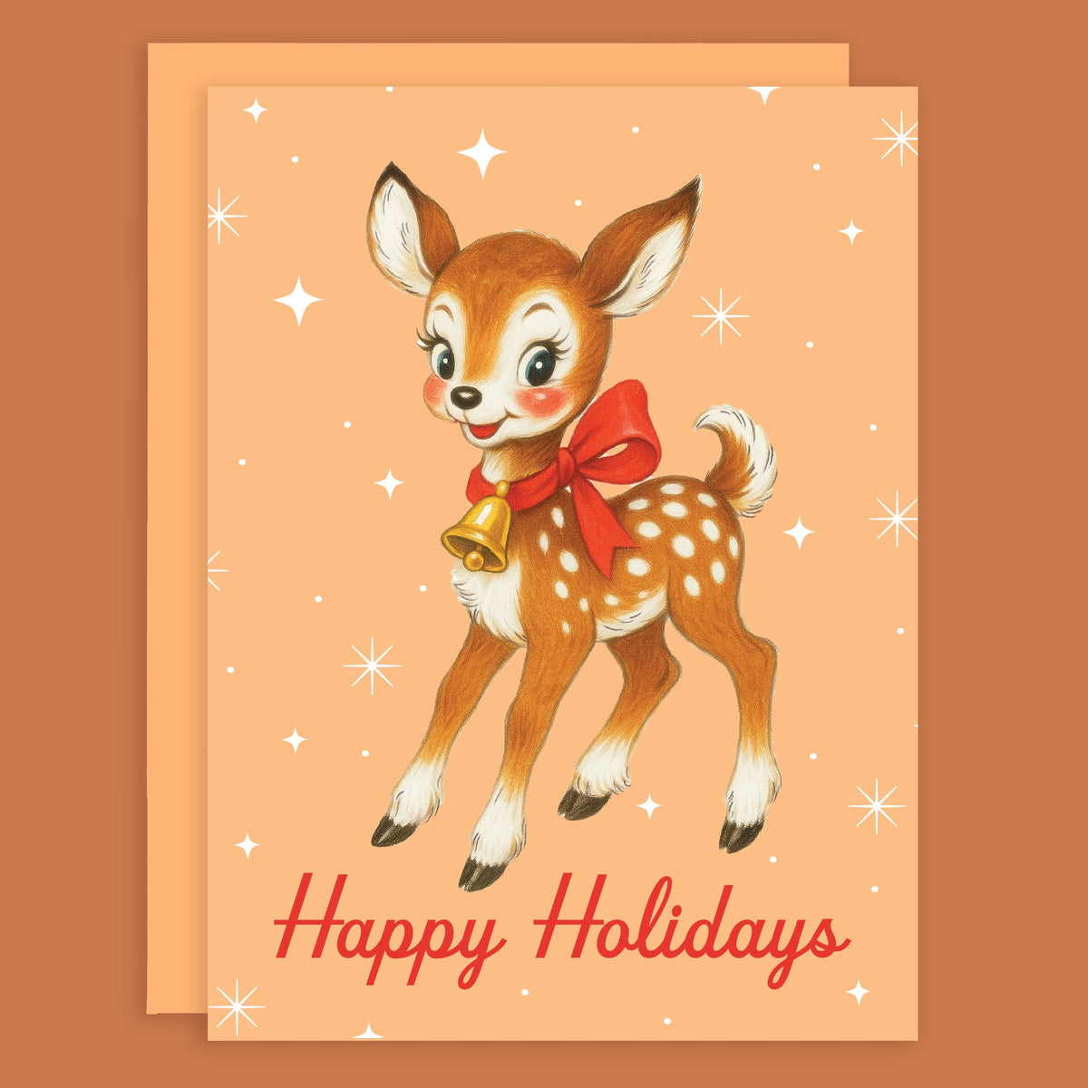 A light brown card with an illustration of a retro inspired deer wearing a red ribbon and bell and text underneath that reads, 'Happy Holidays'.