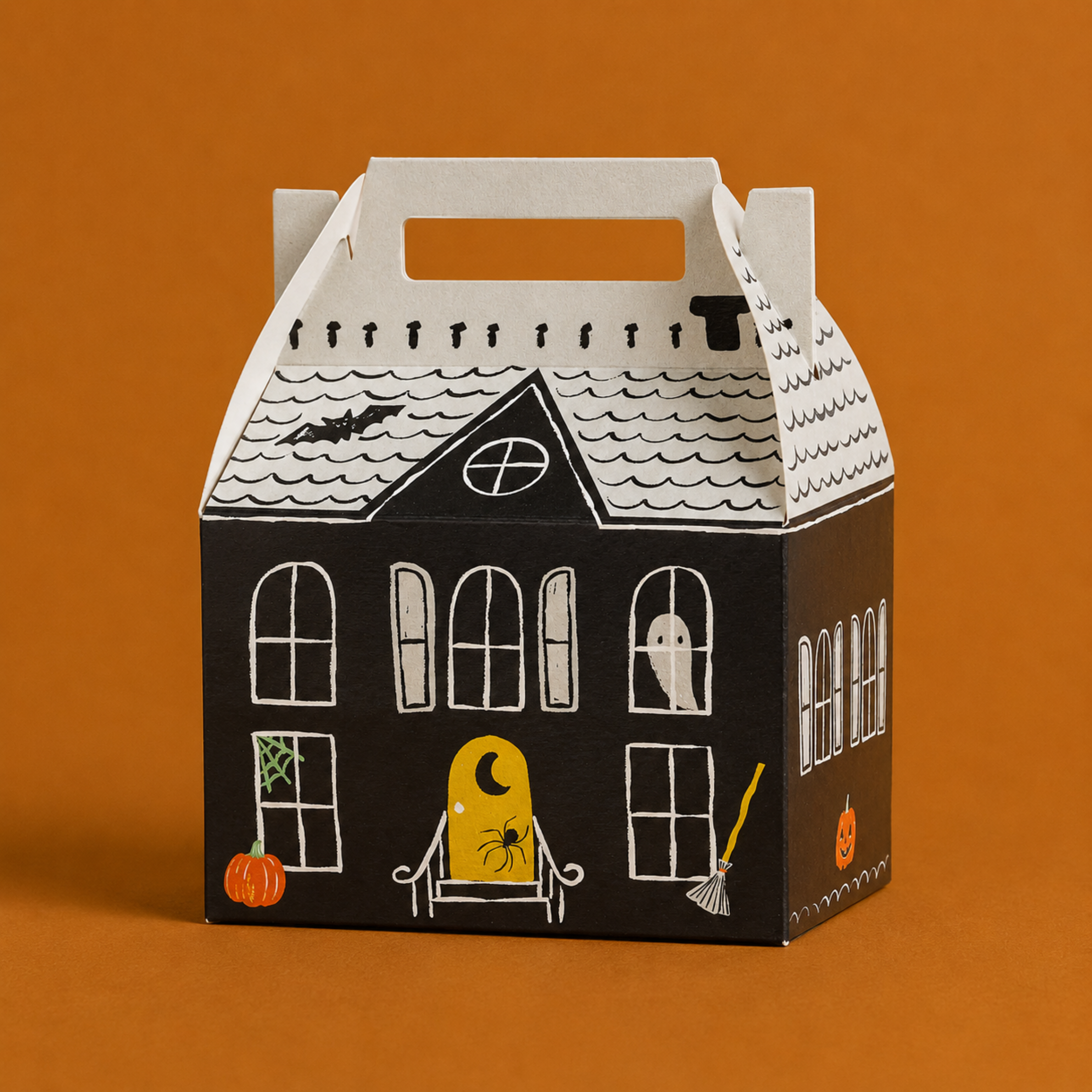 a cardboard haunted house shaped box.