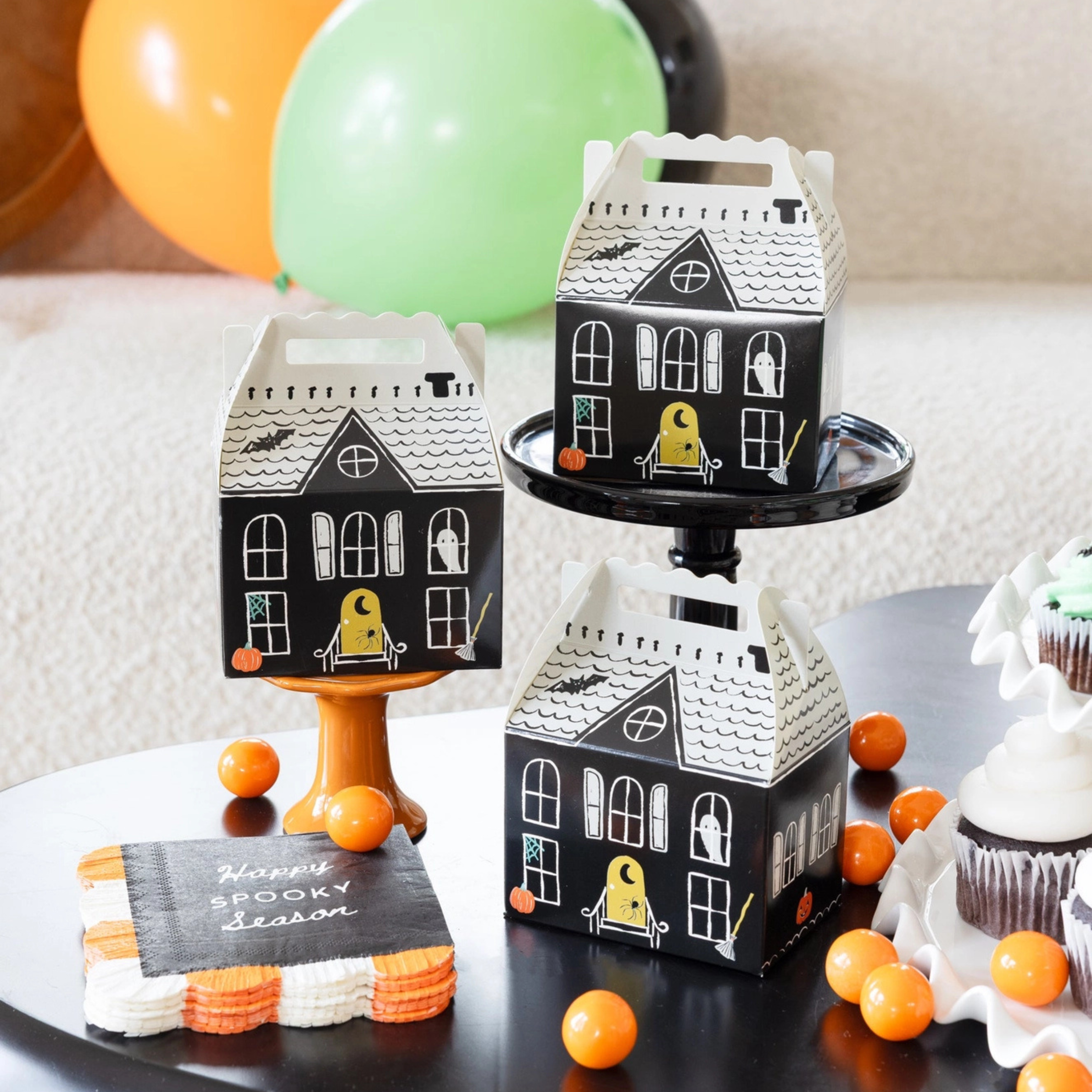 a cardboard haunted house shaped box.