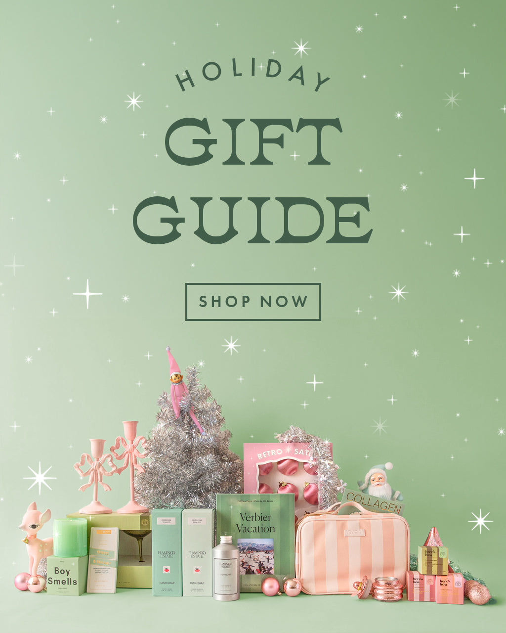 Holiday gift guide with festive decorations and 'Shop Now' button on a green background