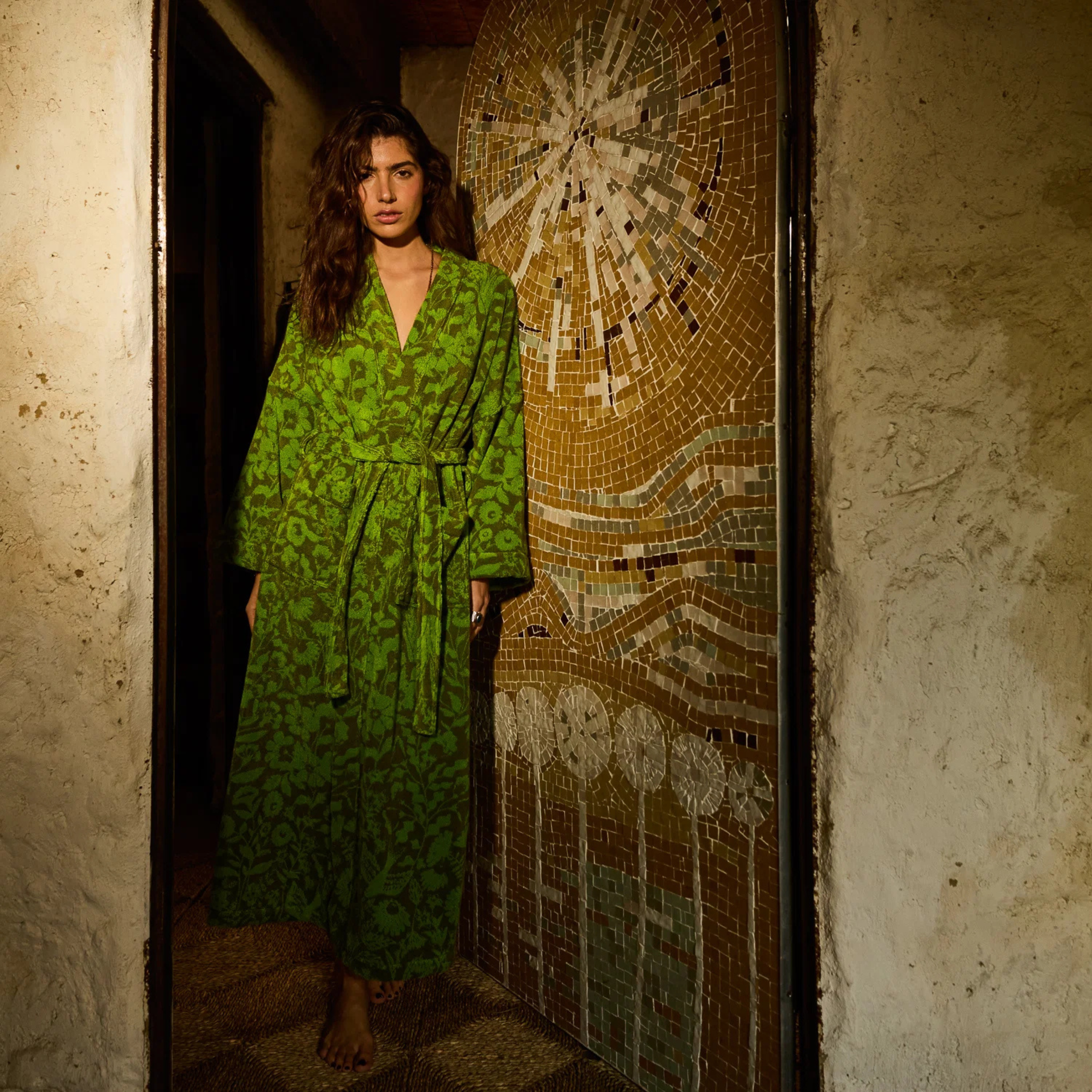 a green floral print bathrobe