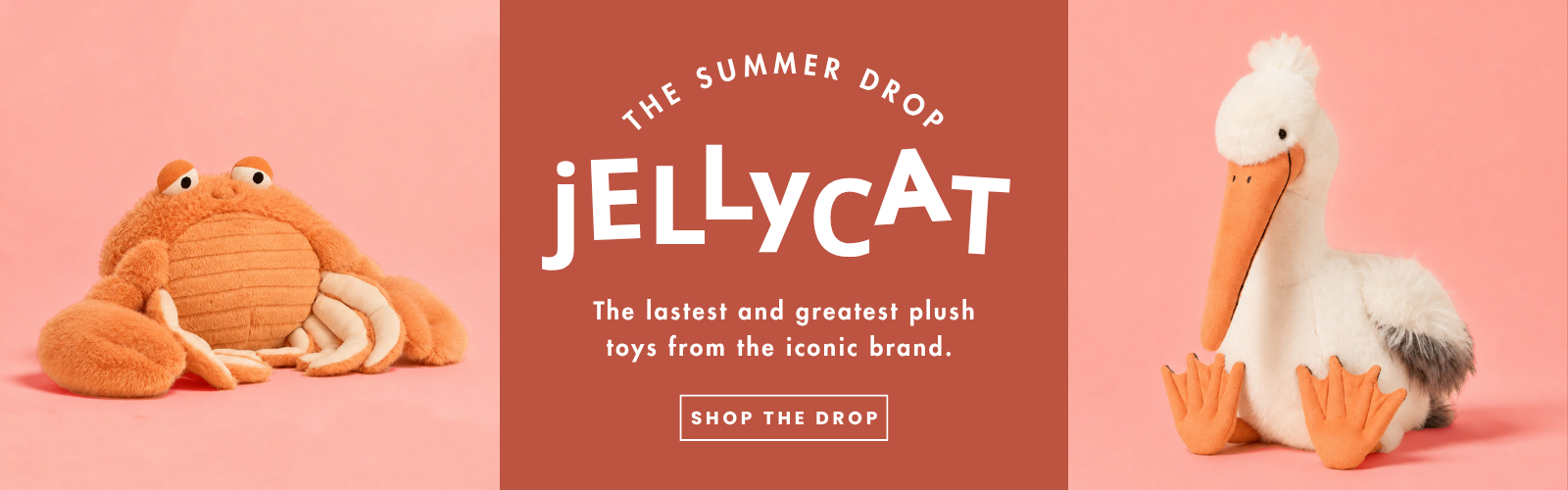 A crab and pelican stuffed animals on a pink background with banner text in the middle that reads "The summer drop, jellycat the latest and greatest plush toys from the iconic brand. shop the drop."