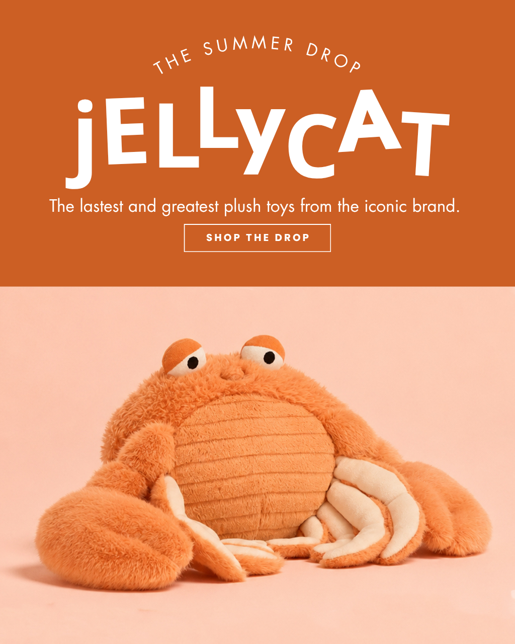 A mobile banner for online shopping that reads "The summer drop jellycat the latest and greatest plush toys from the iconic brand." Below the text is an image of a stuffed crab.