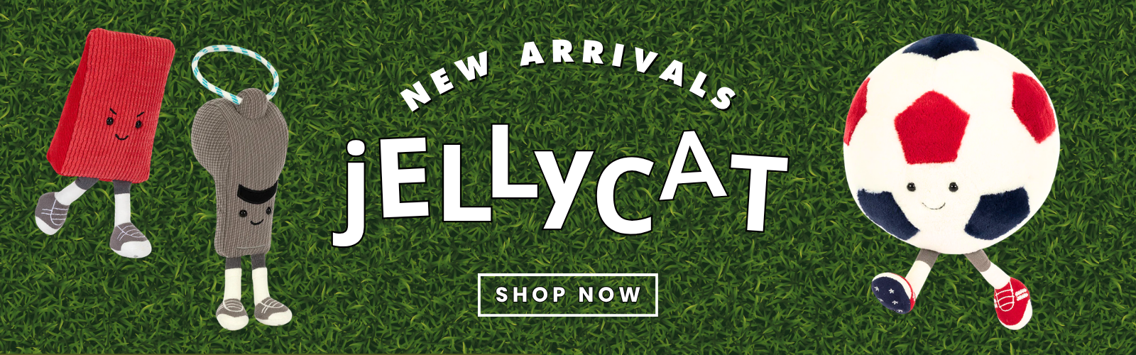 Soccer themed stuffed animals on a green astro turf background and white text that reads "new arrivals jellycat shop now"