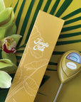A chartreuse moisture meter with a rounded head and a white meter that ranges from dry, moist, or wet along with a small oval label in the front that reads, "Jungle Club".