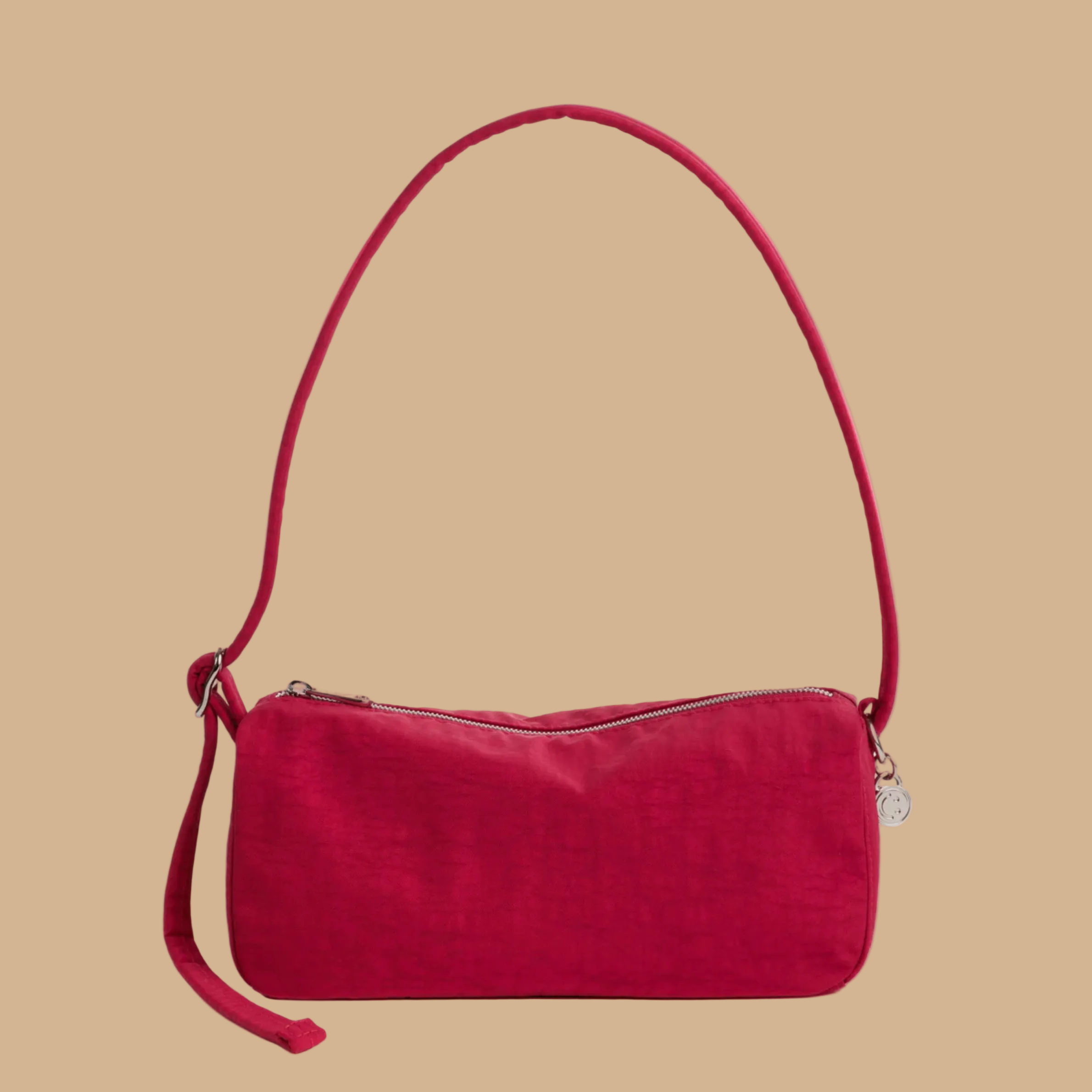 a red shoulder handbag. 
