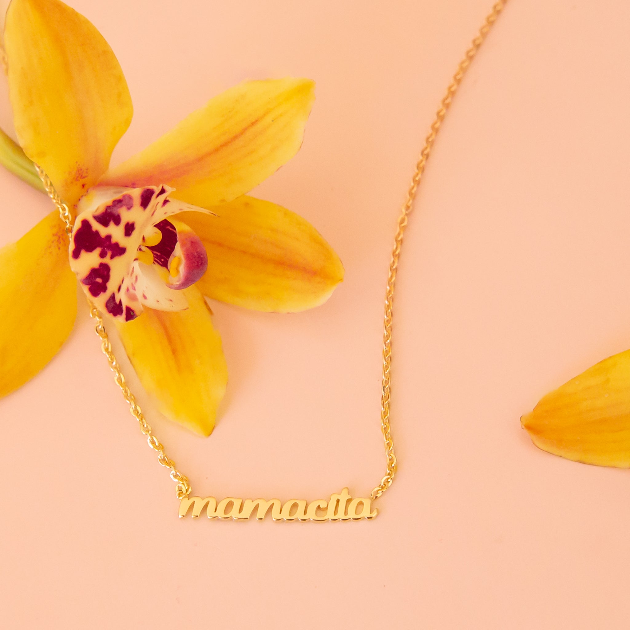 A gold chain necklace with gold lettering in the center that reads, 'mamacita'. 
