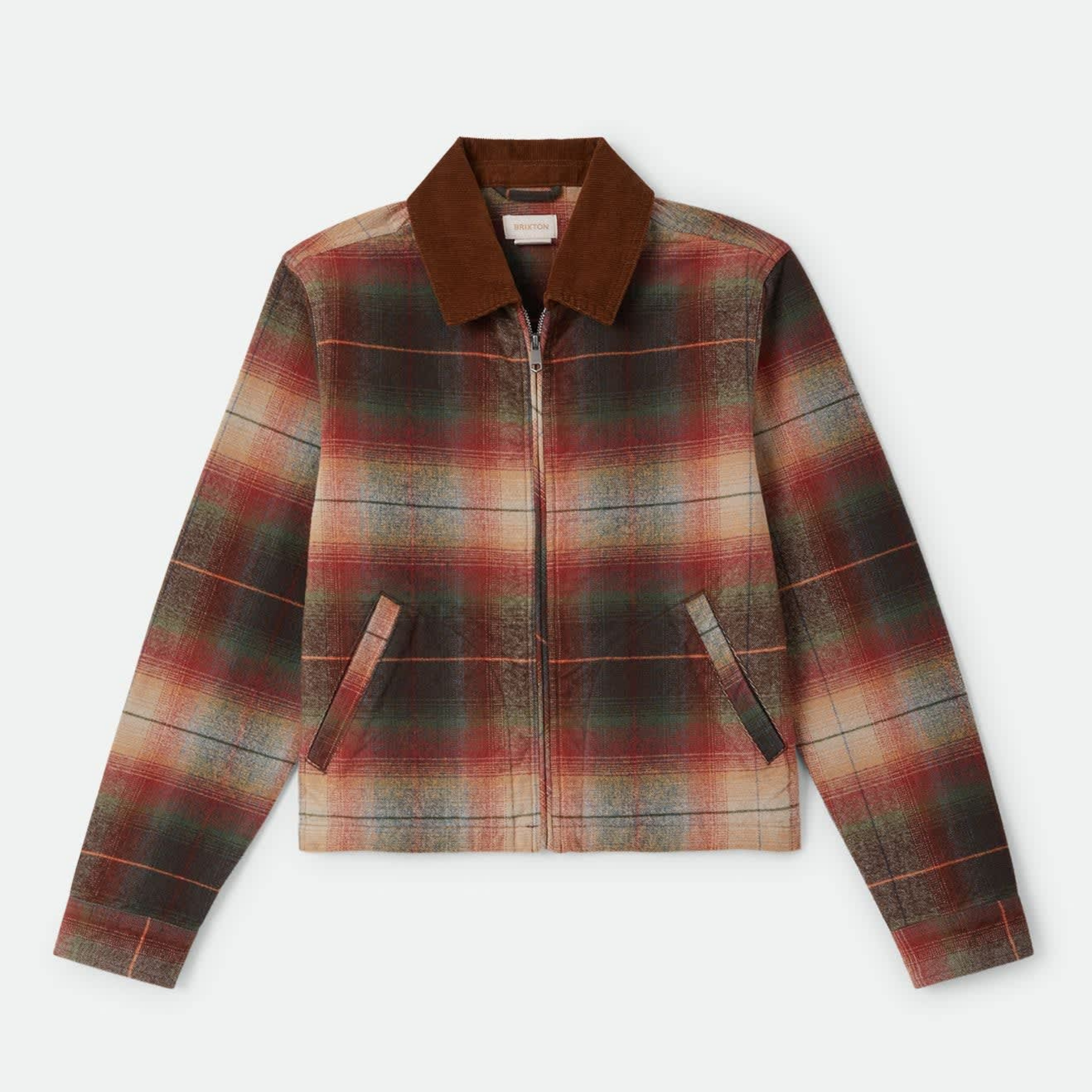 a multi colored zip up mechanics jacket with a brown corduroy collar. 