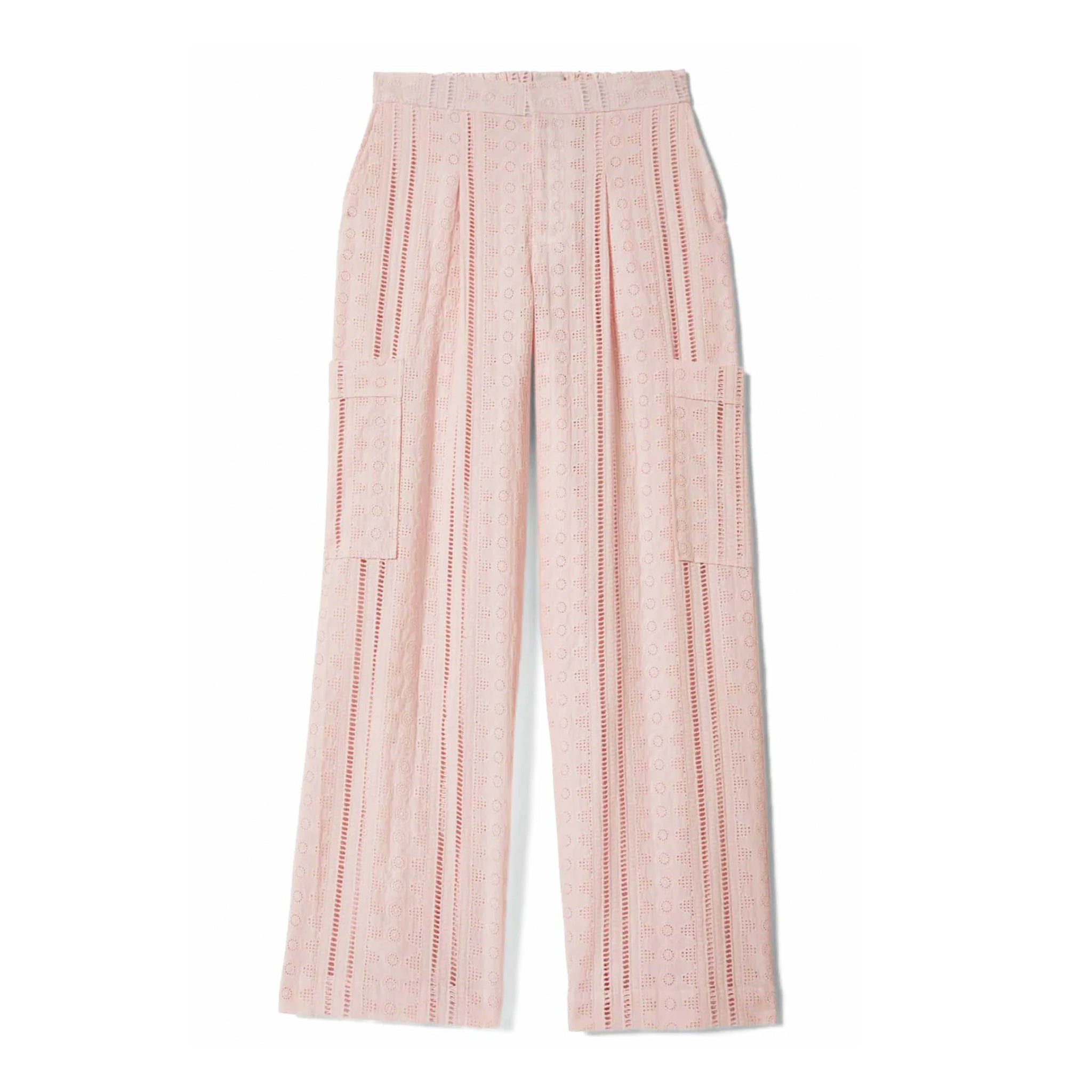 A pair of eyelet chalk pink wide leg trouser pants. 