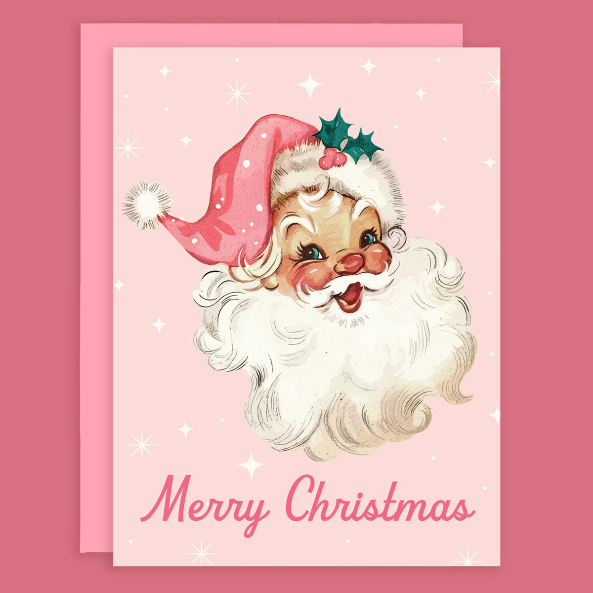 A pink card with a Santa graphic and text underneath that reads, 'Merry Christmas'. 