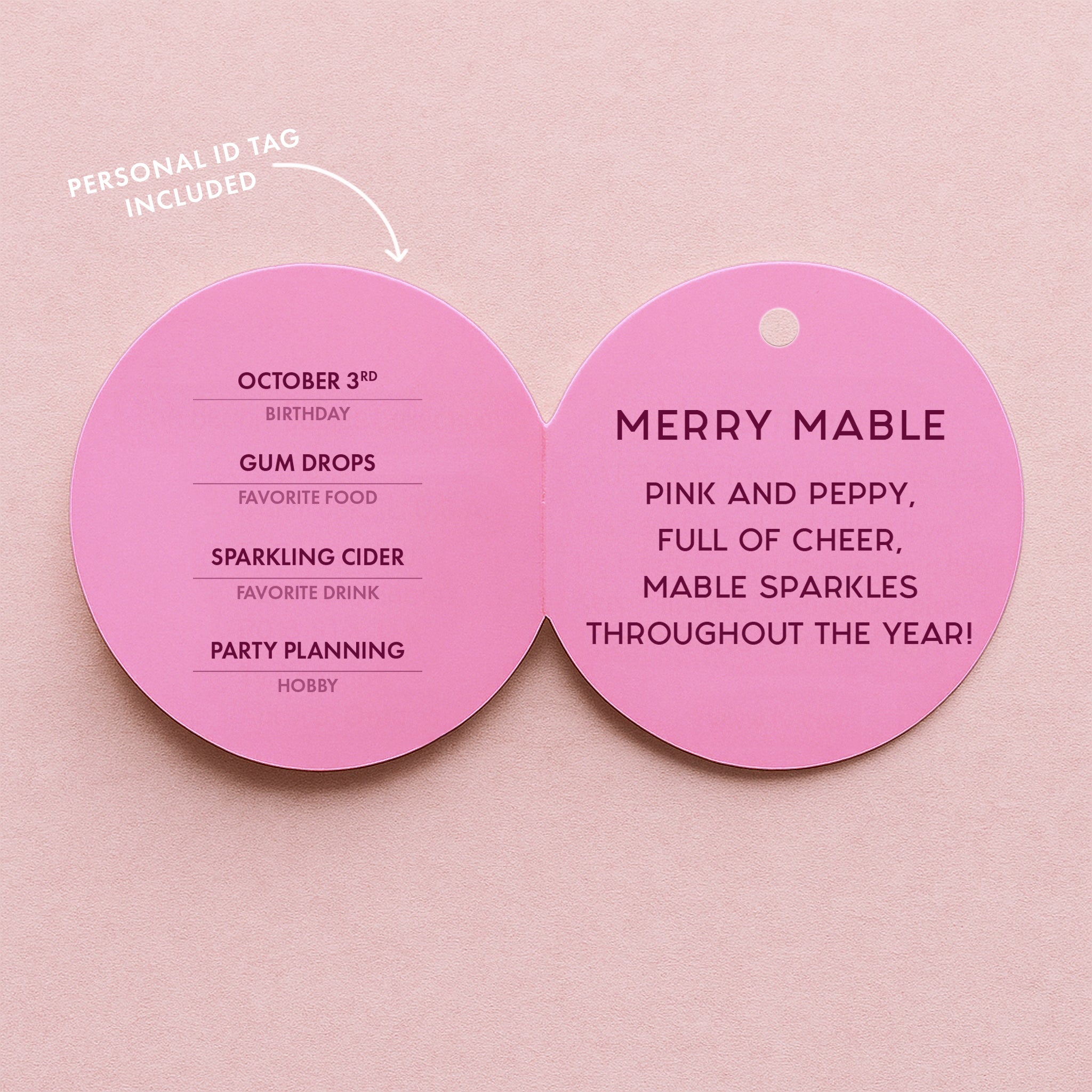 A pink label that reads, &#39;Merry Mable pink and peppy, full of cheer, mable sparkles throughout the year!&#39;. 