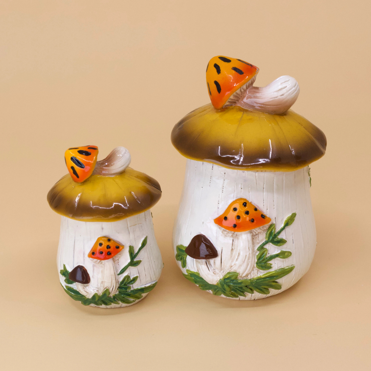 a set of hand painted mushroom trinket dishes.