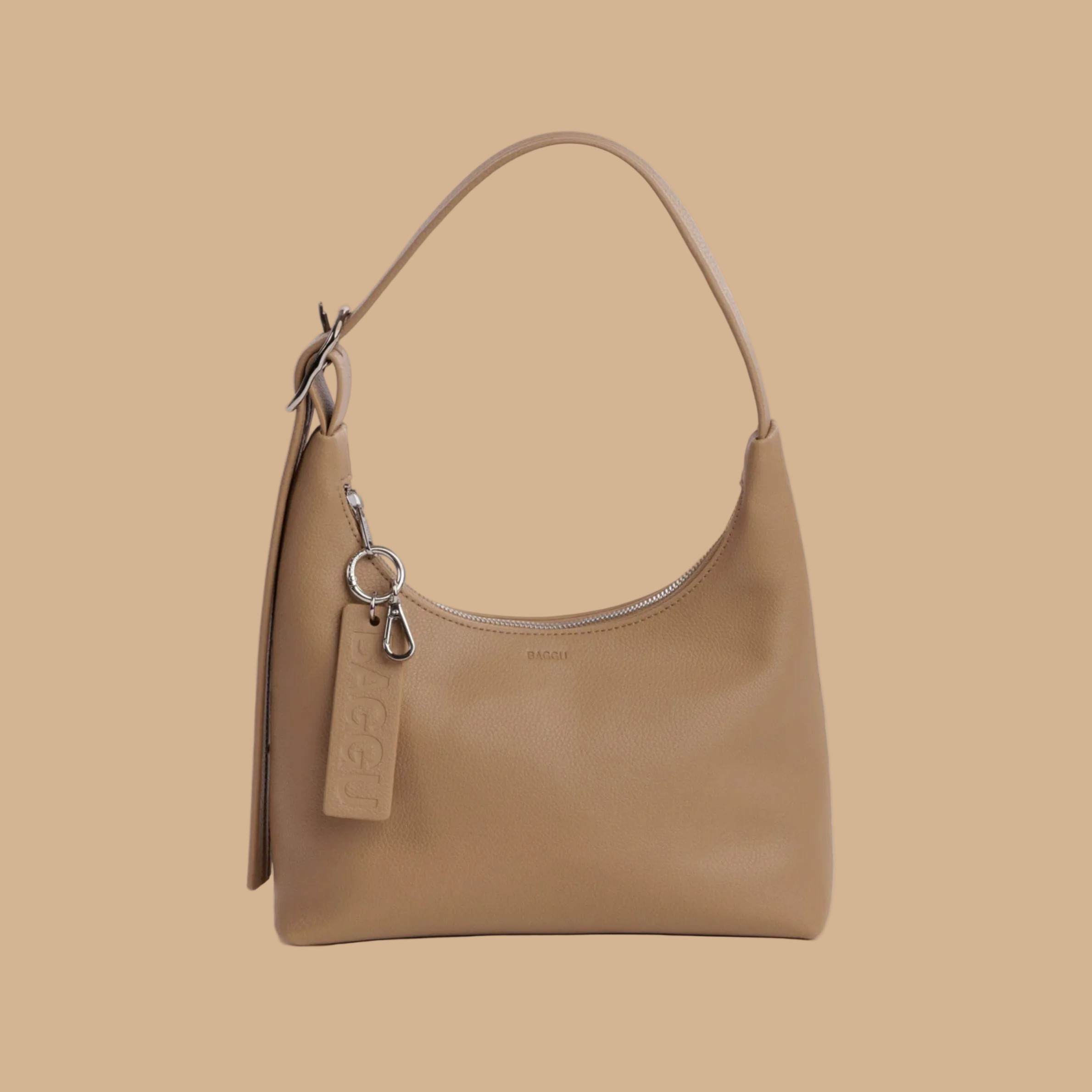 A small tan leather shoulder bag. 