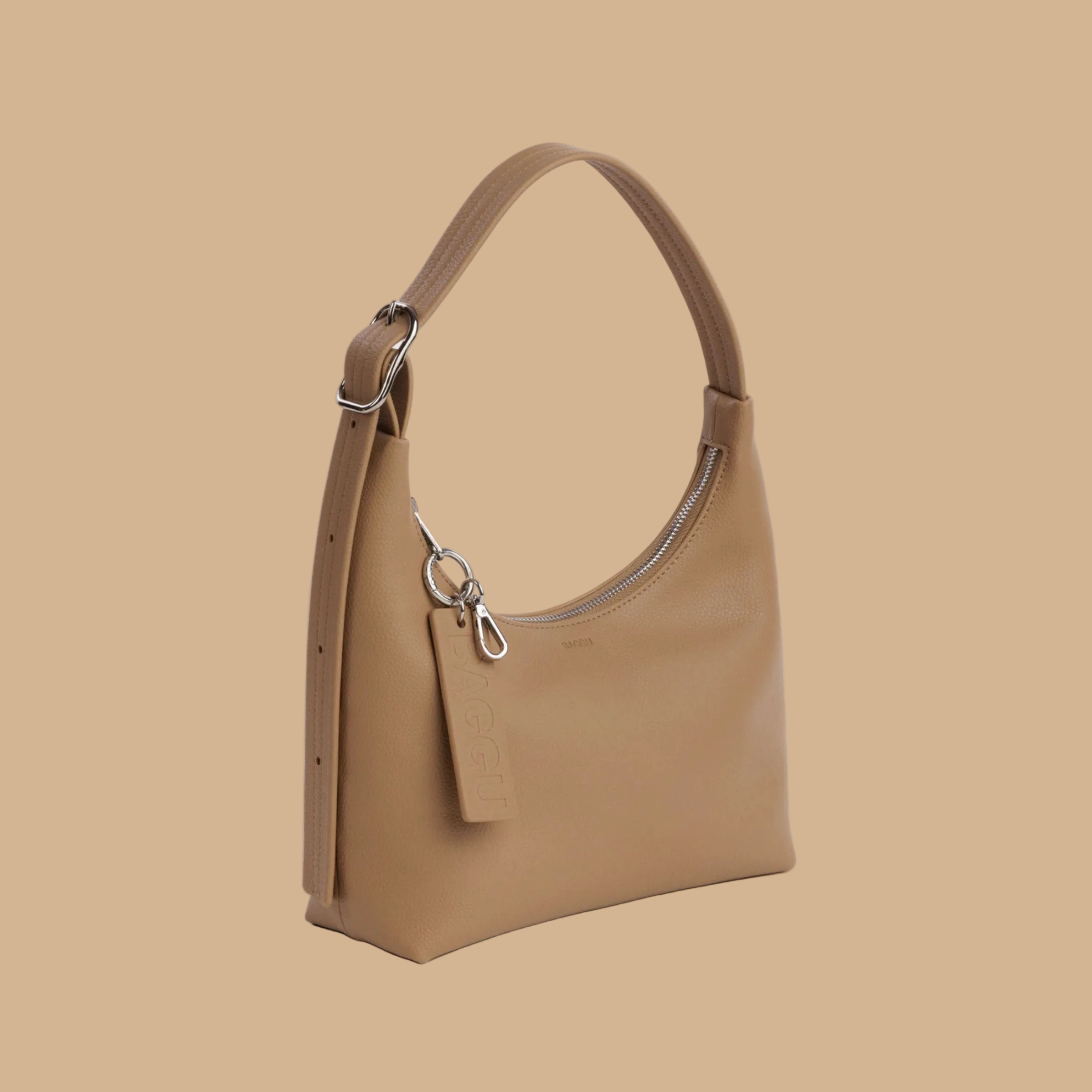 A small tan leather shoulder bag. 