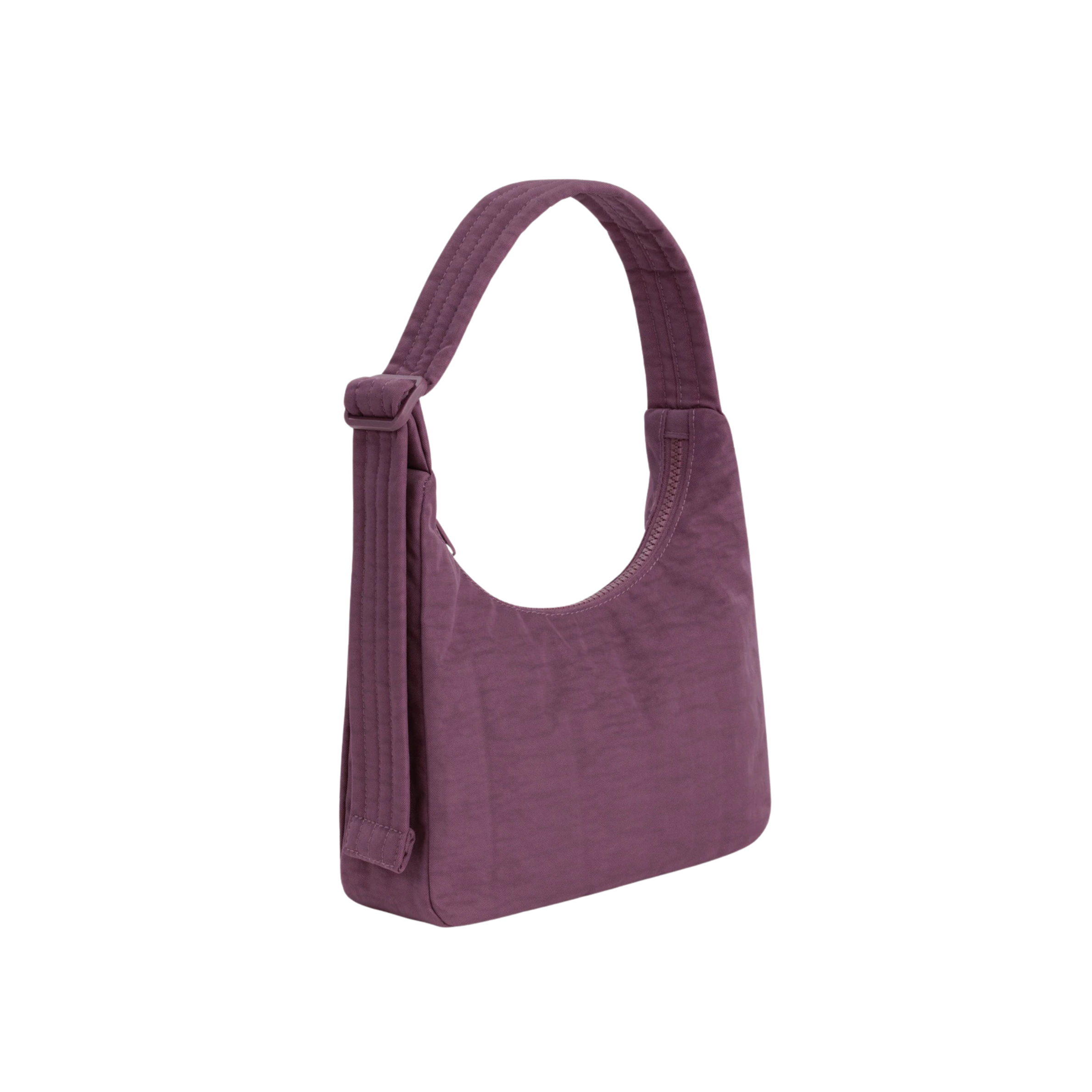 A purple nylon mini handbag.
