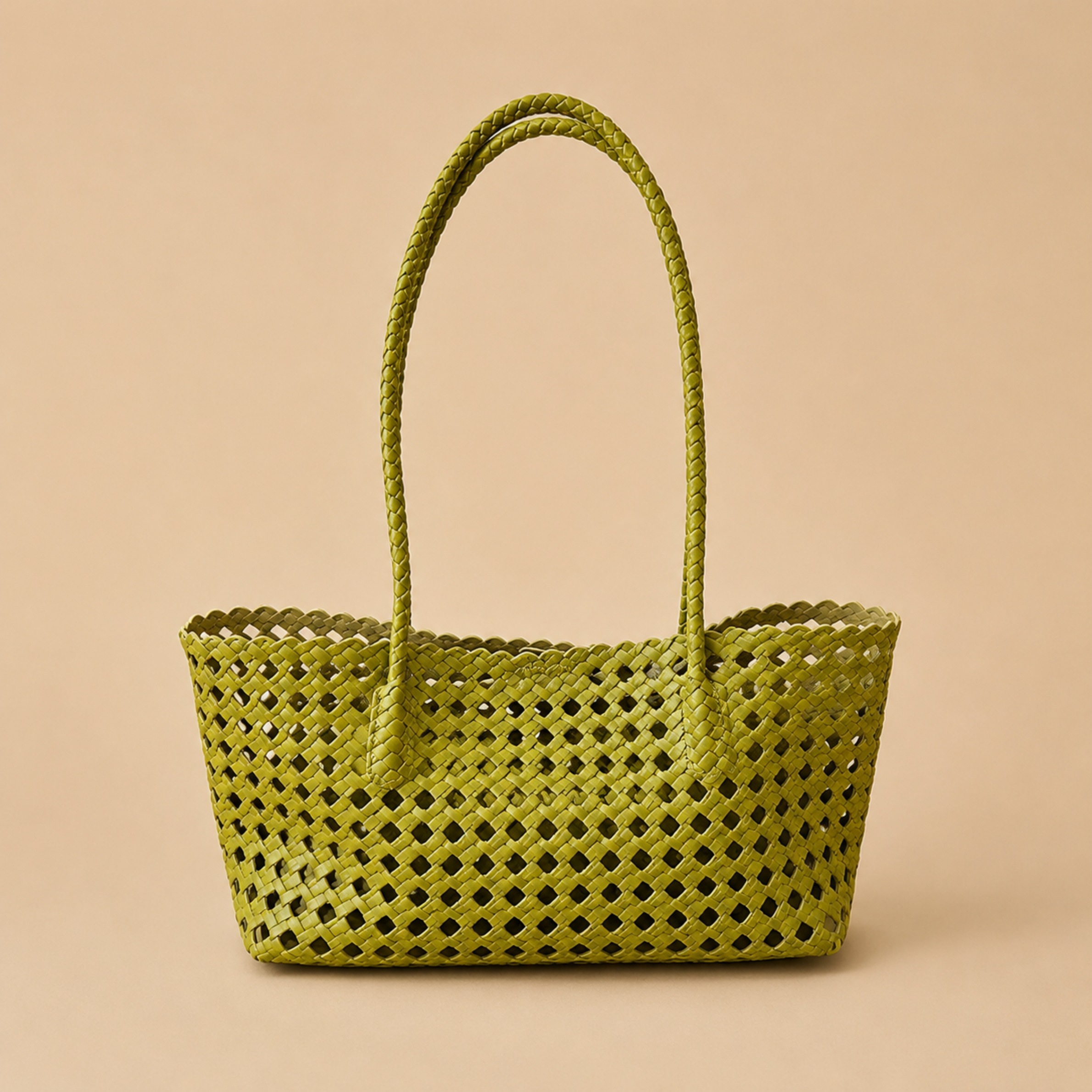 A green woven shoulder bag. 