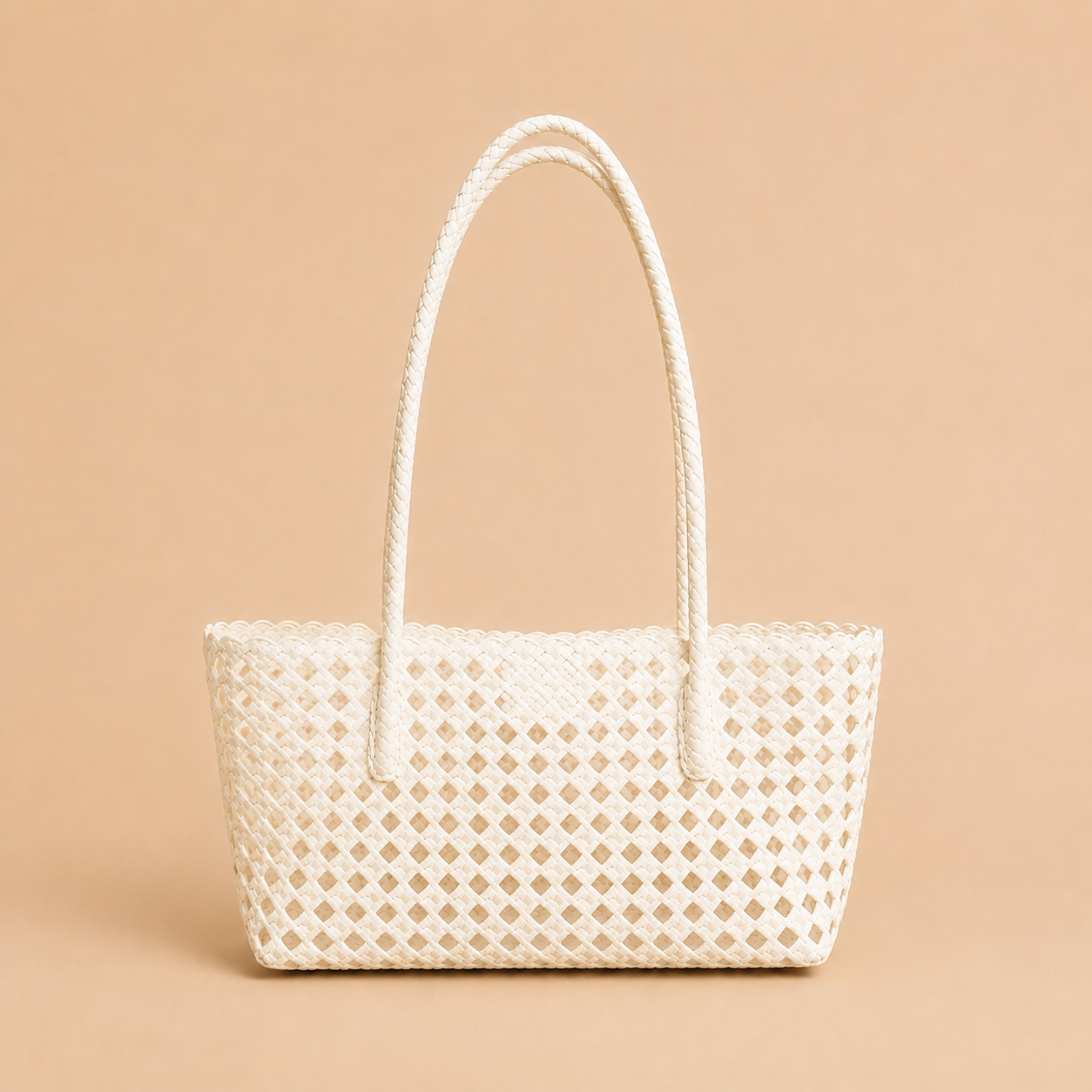 a white woven shoulder bag. 