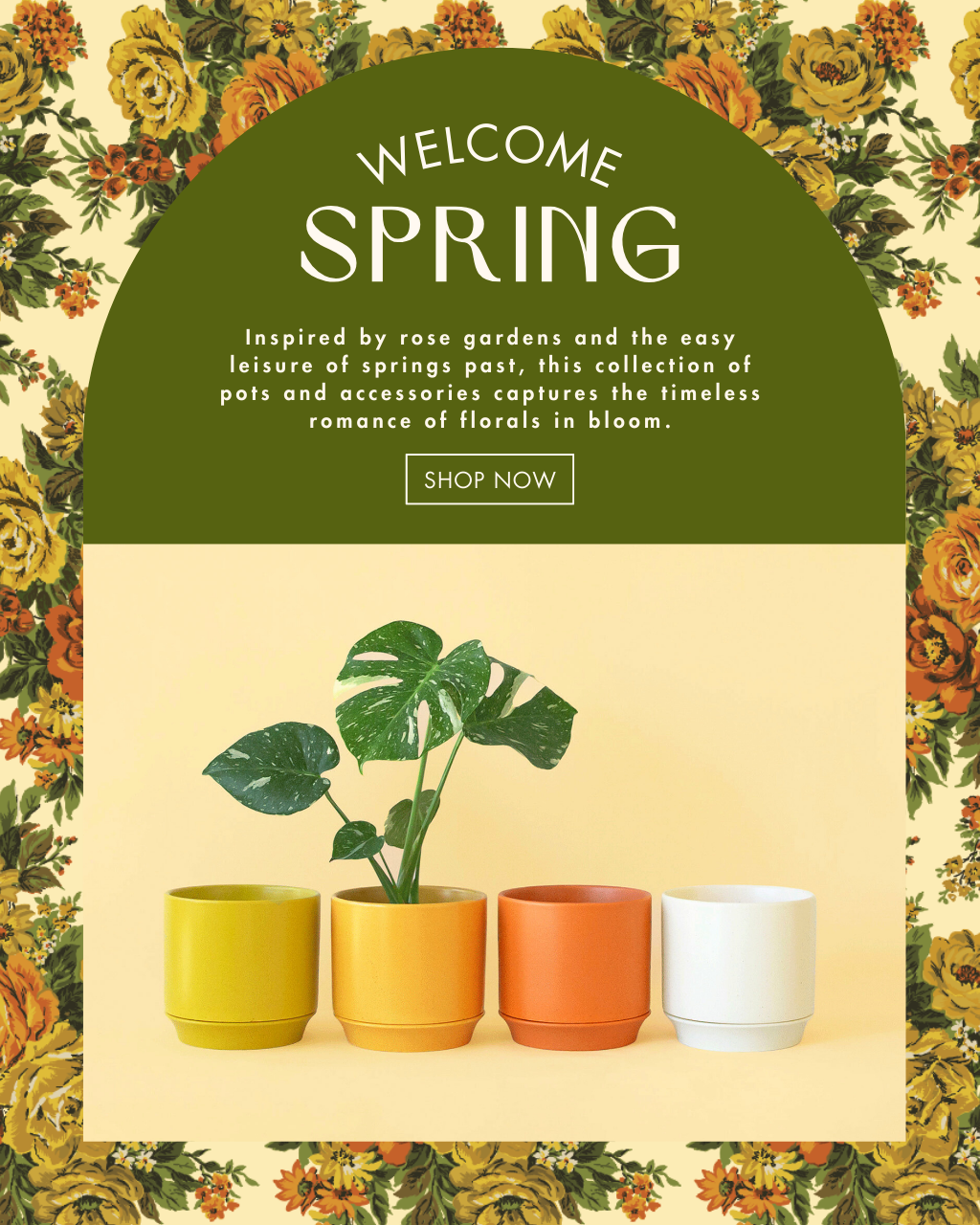 Spring garden–inspired collection featuring colorful ceramic plant pots in yellow, orange, and cream tones, set against a vintage floral background.
