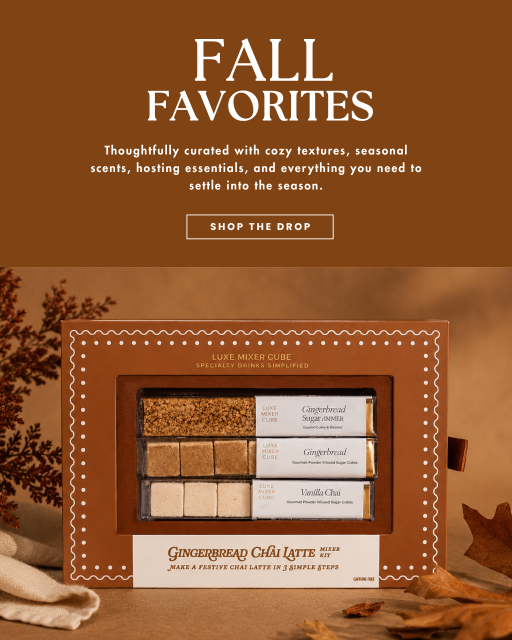 A fall-themed promotional graphic for a boxed makeup set. The top half has a warm brown background with white text reading 'FALL FAVORITES' and a 'SHOP THE DROP' button.