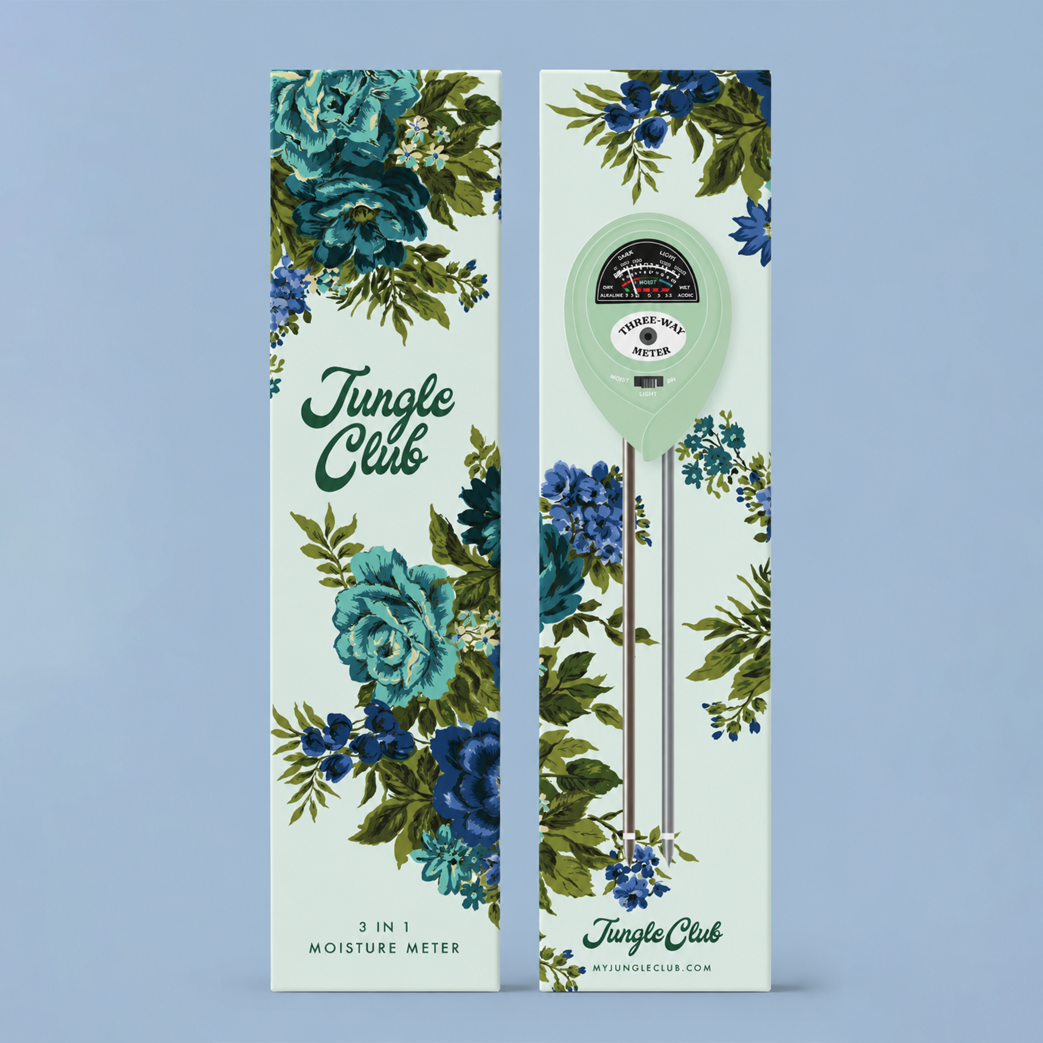 A blue two-way moisture meter in a beautiful blue floral box.