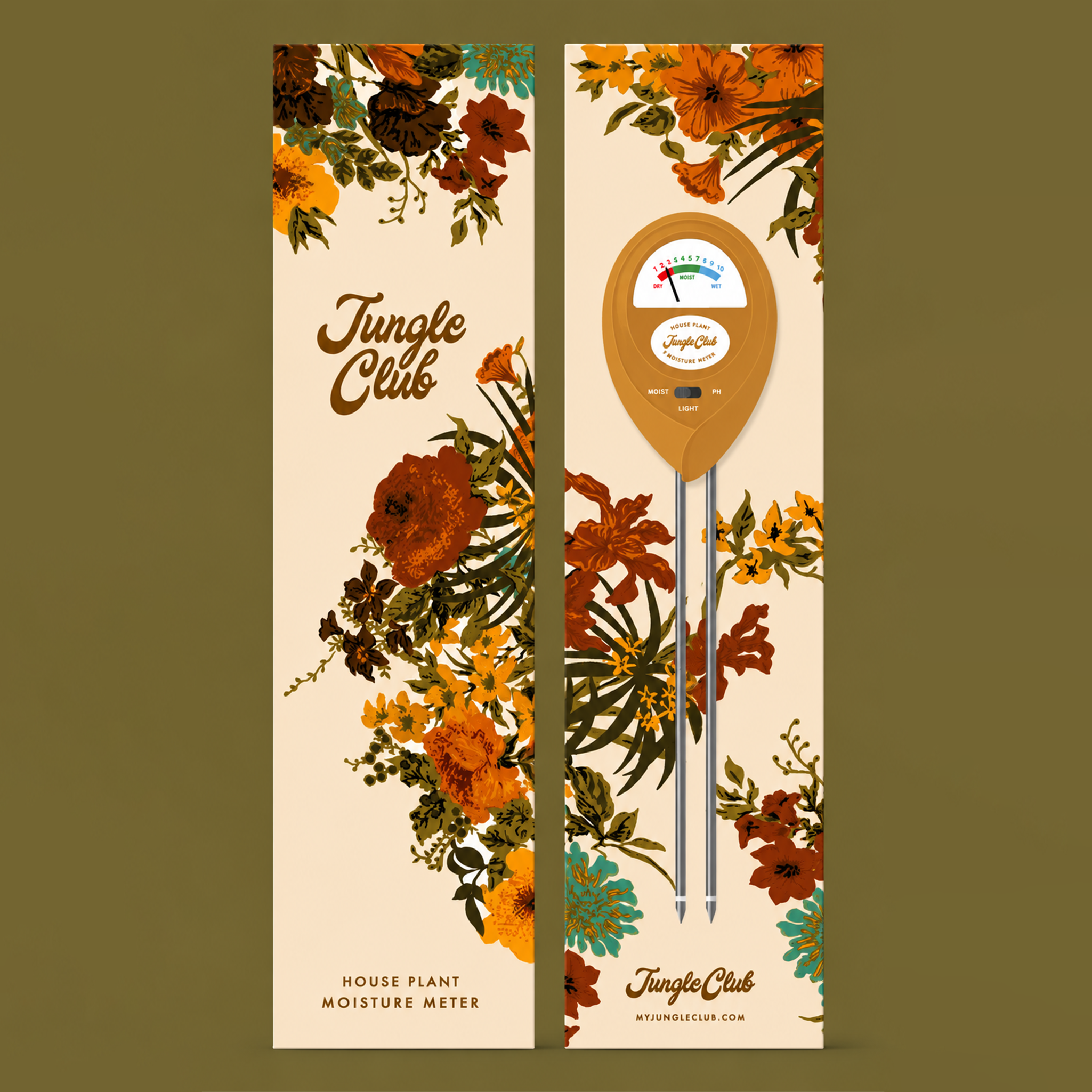 An orange moisture meter in a beautiful floral designed box.
