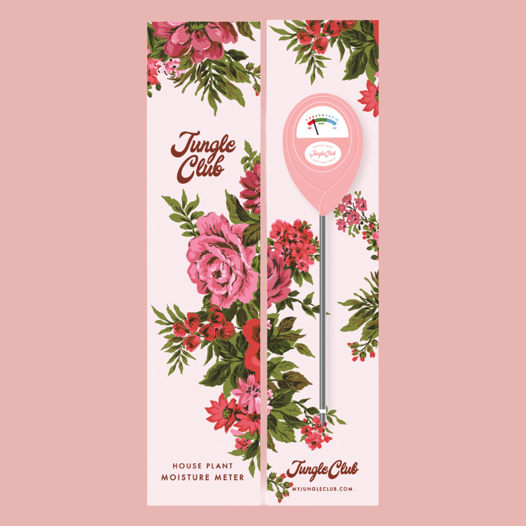 A pink moisture meter in a floral printed box.