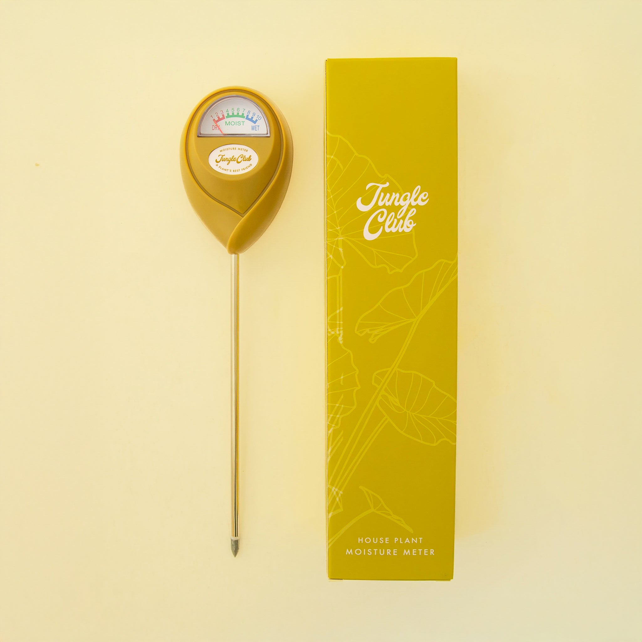 A chartreuse moisture meter with a rounded head and a white meter that ranges from dry, moist, or wet along with a small oval label in the front that reads, &quot;Jungle Club&quot;.