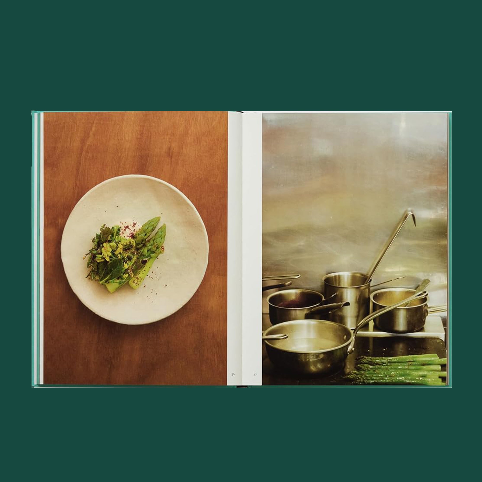 The interior of the book with images of food dishes and kitchen pans. 