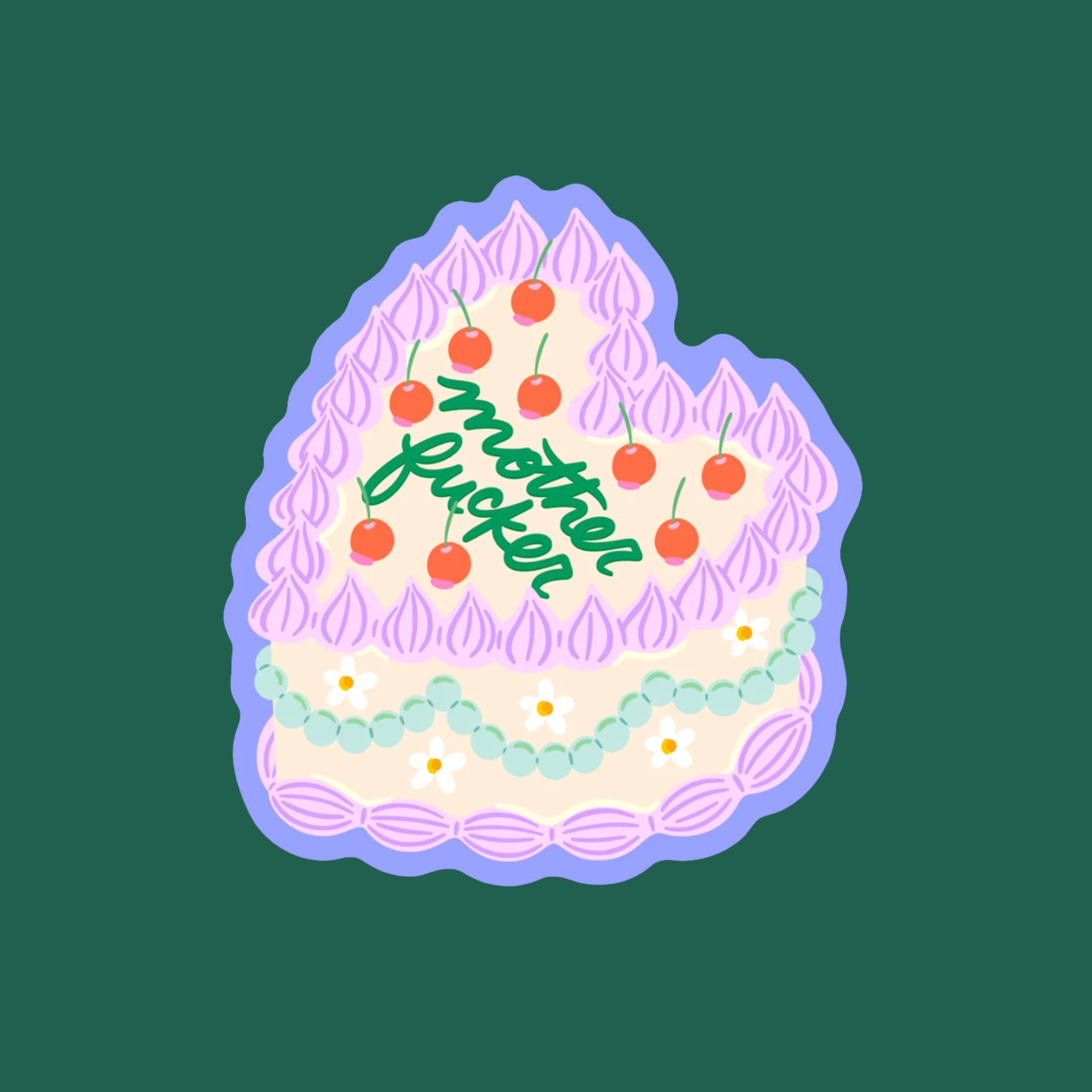 A vintage cake sticker with "mother fucker" in the center. 
