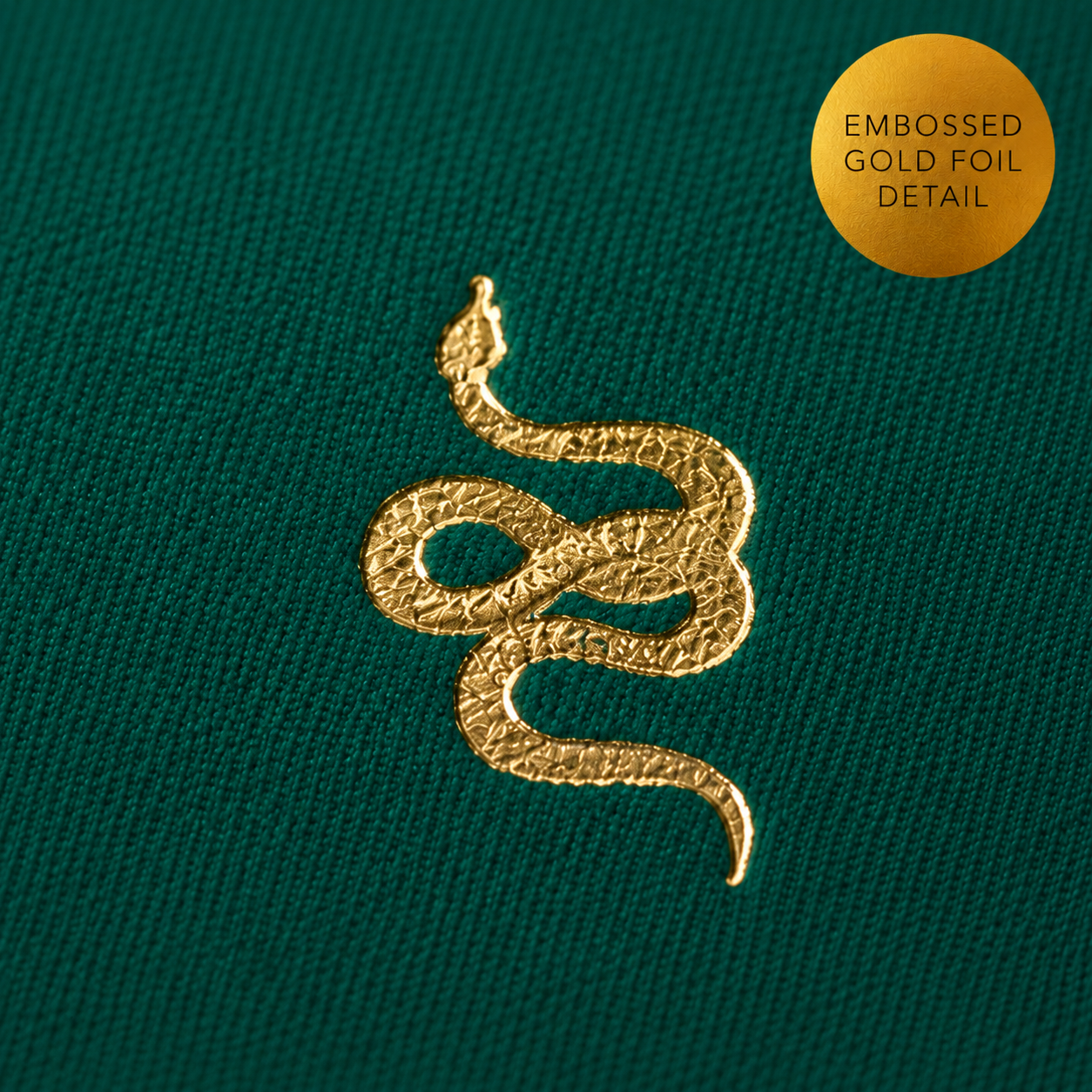 A detail photo of a gold embossed snake on a teal notebook.