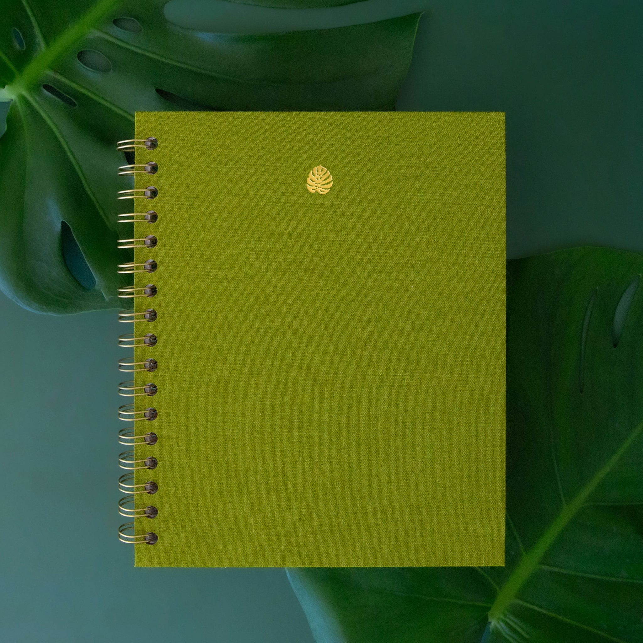 A green notebook with spiral binding and a gold foiled monstera leaf in the top center. 