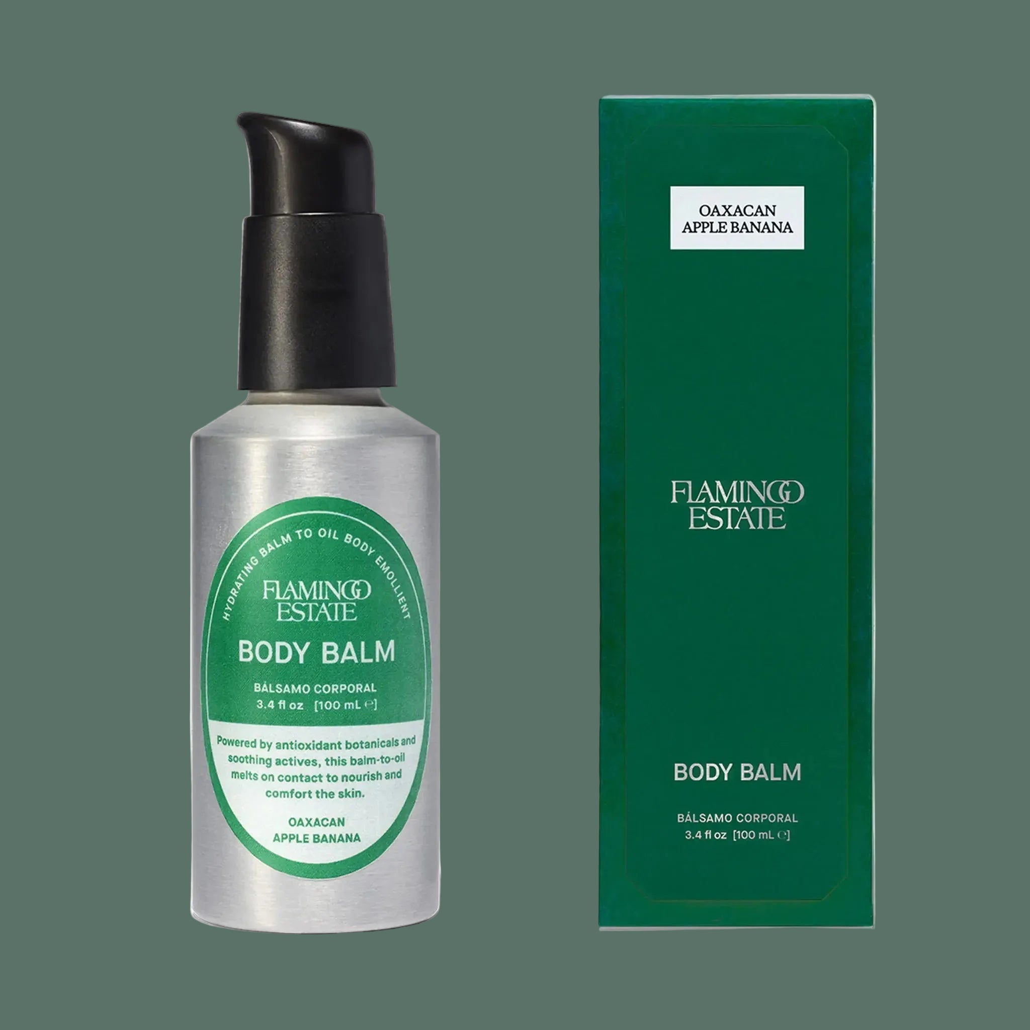 Flamingo Estate body balm with packaging on a white background