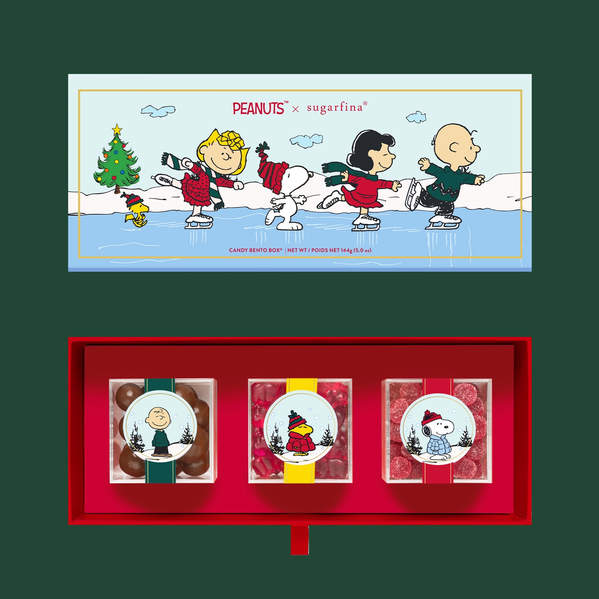 A three piece box of assorted candies with the characters of Peanuts on the boxes. 