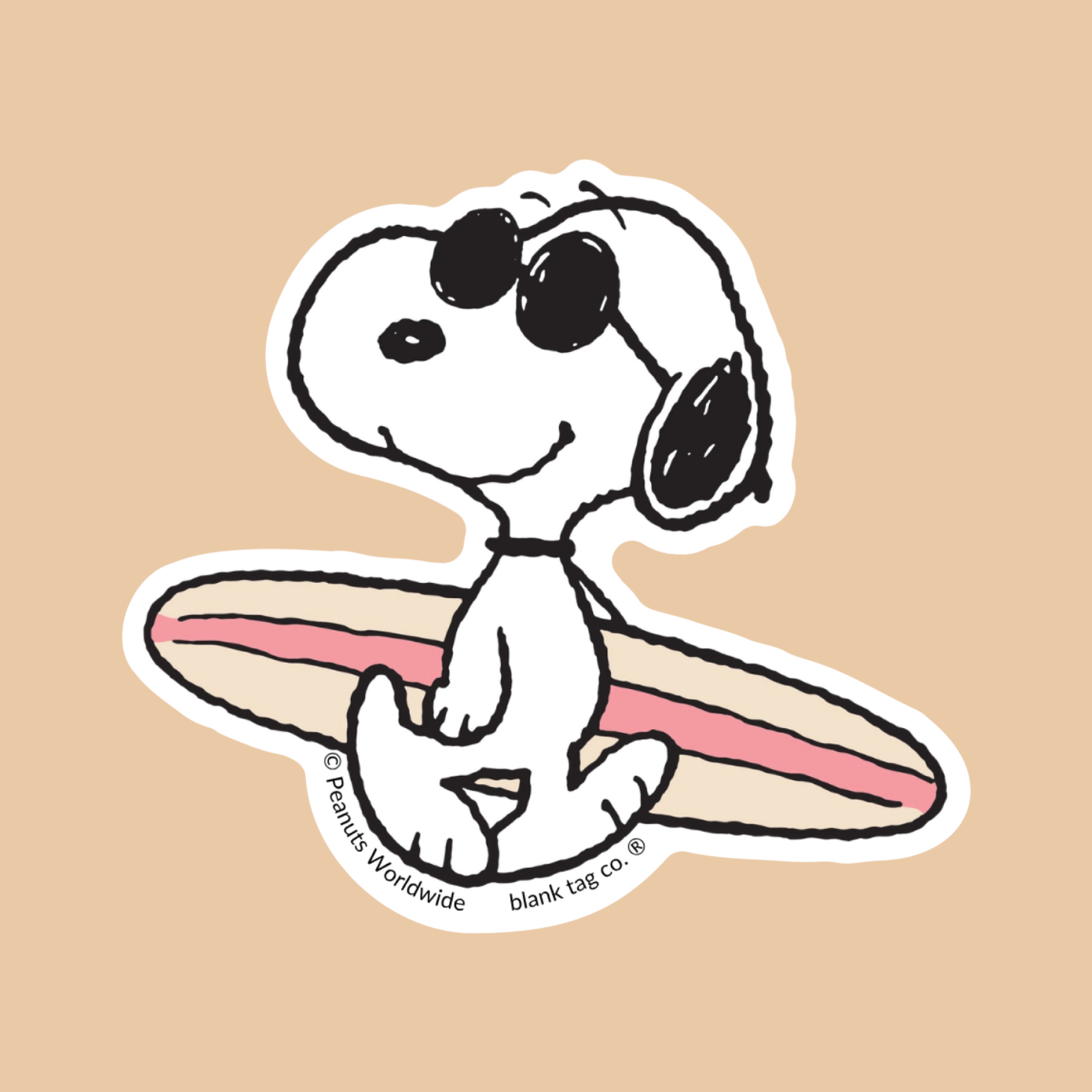 a snoopy shaped sticker holding a surfboard
