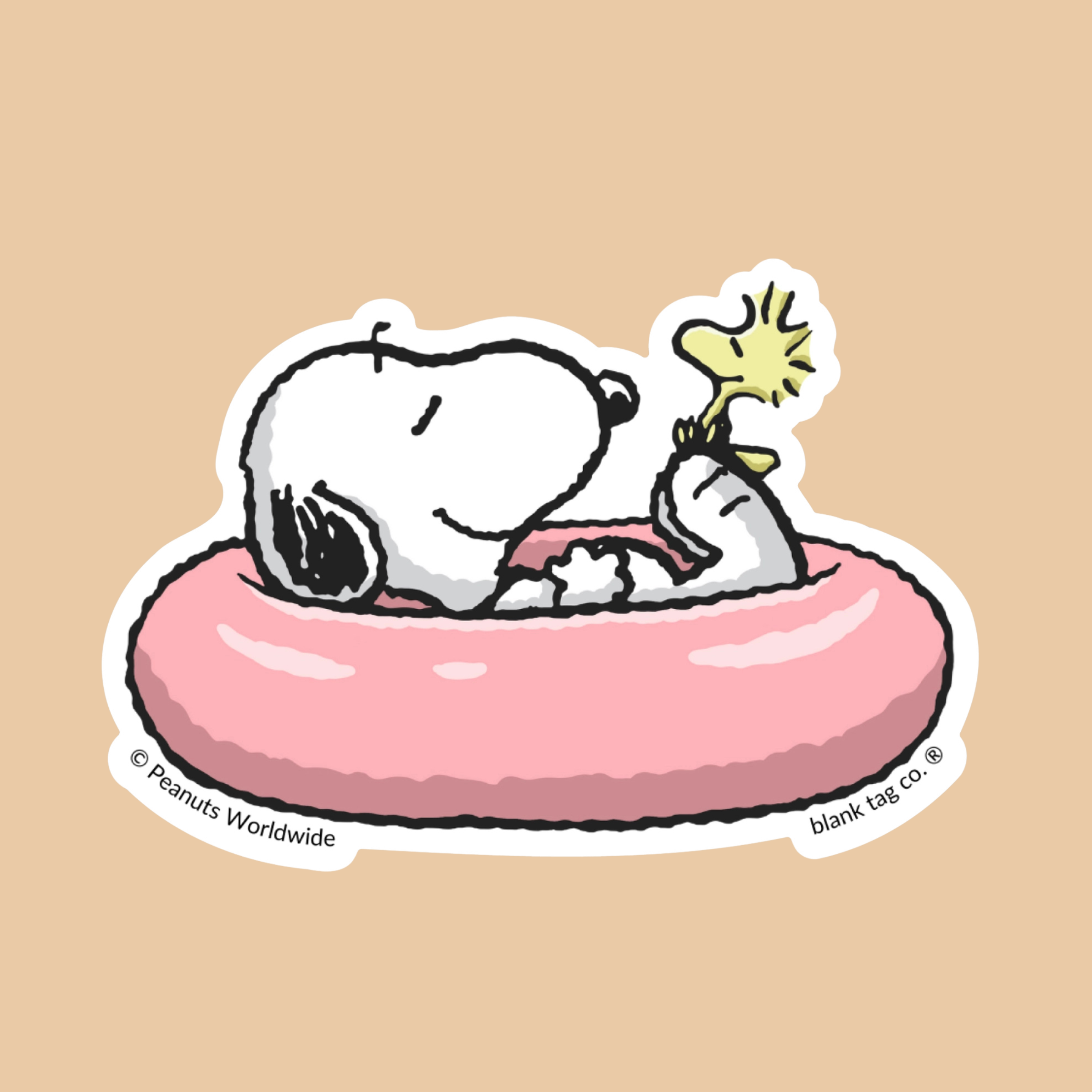 a snoopy sticker in a pink innertube 