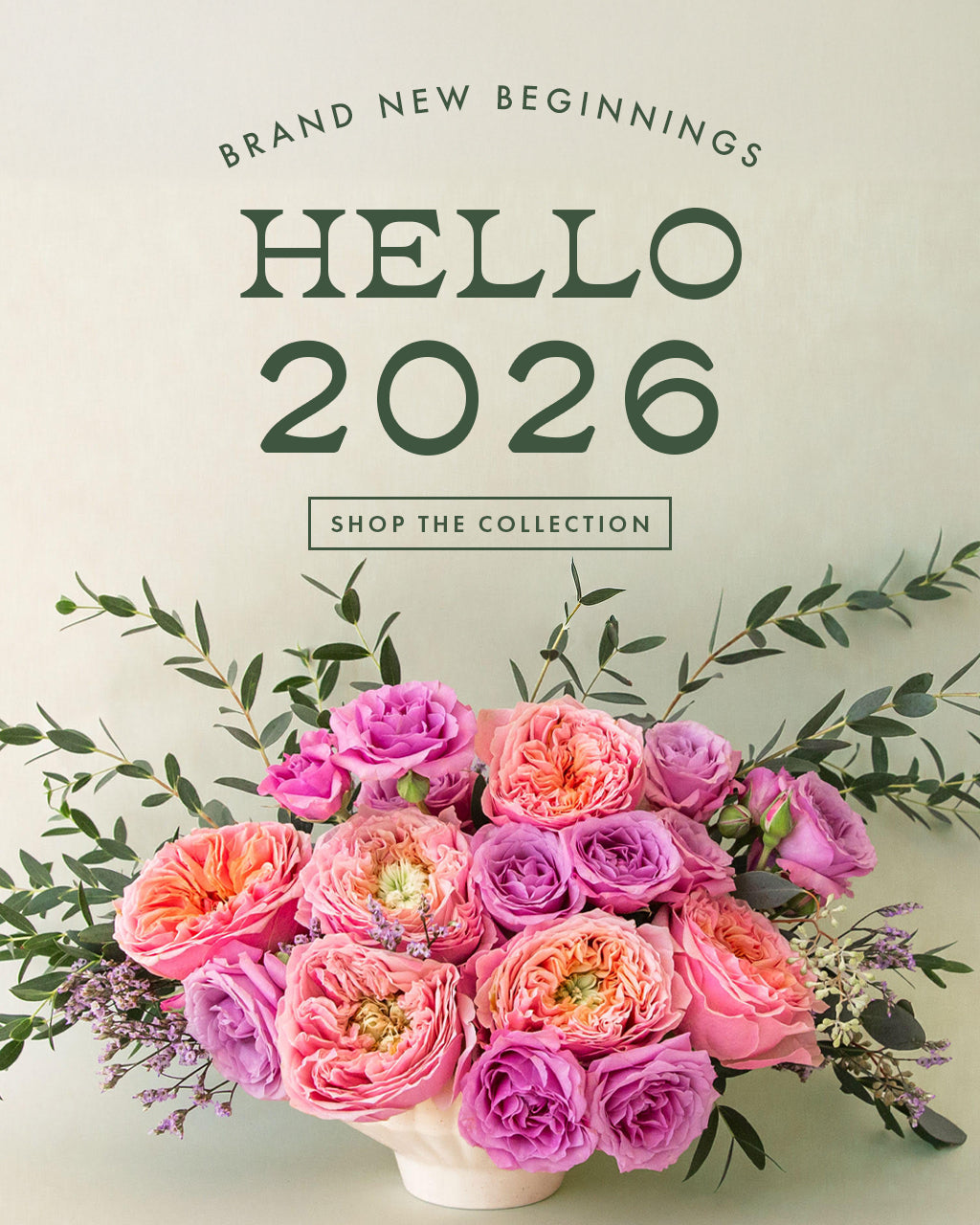 Floral arrangement with 'Hello 2026' text on a light background