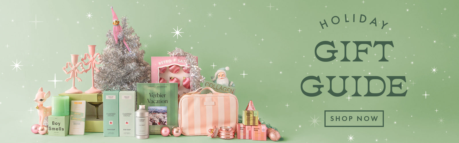 Holiday gift guide with presents and decorations on a green background