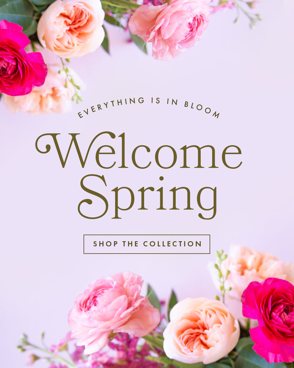 everything is in bloom. welcome spring. shop the collection. pink flowers lay on a lavender ground.