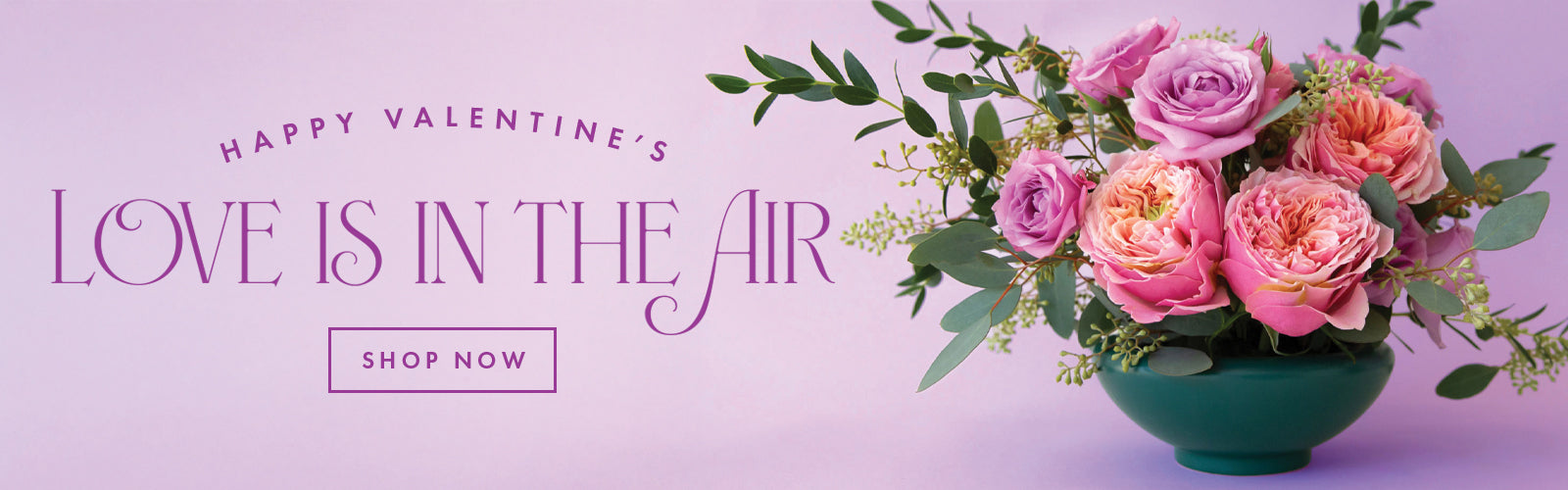 Valentine's Day banner with pink roses in a vase and 'Love is in the Air' text on a purple background.