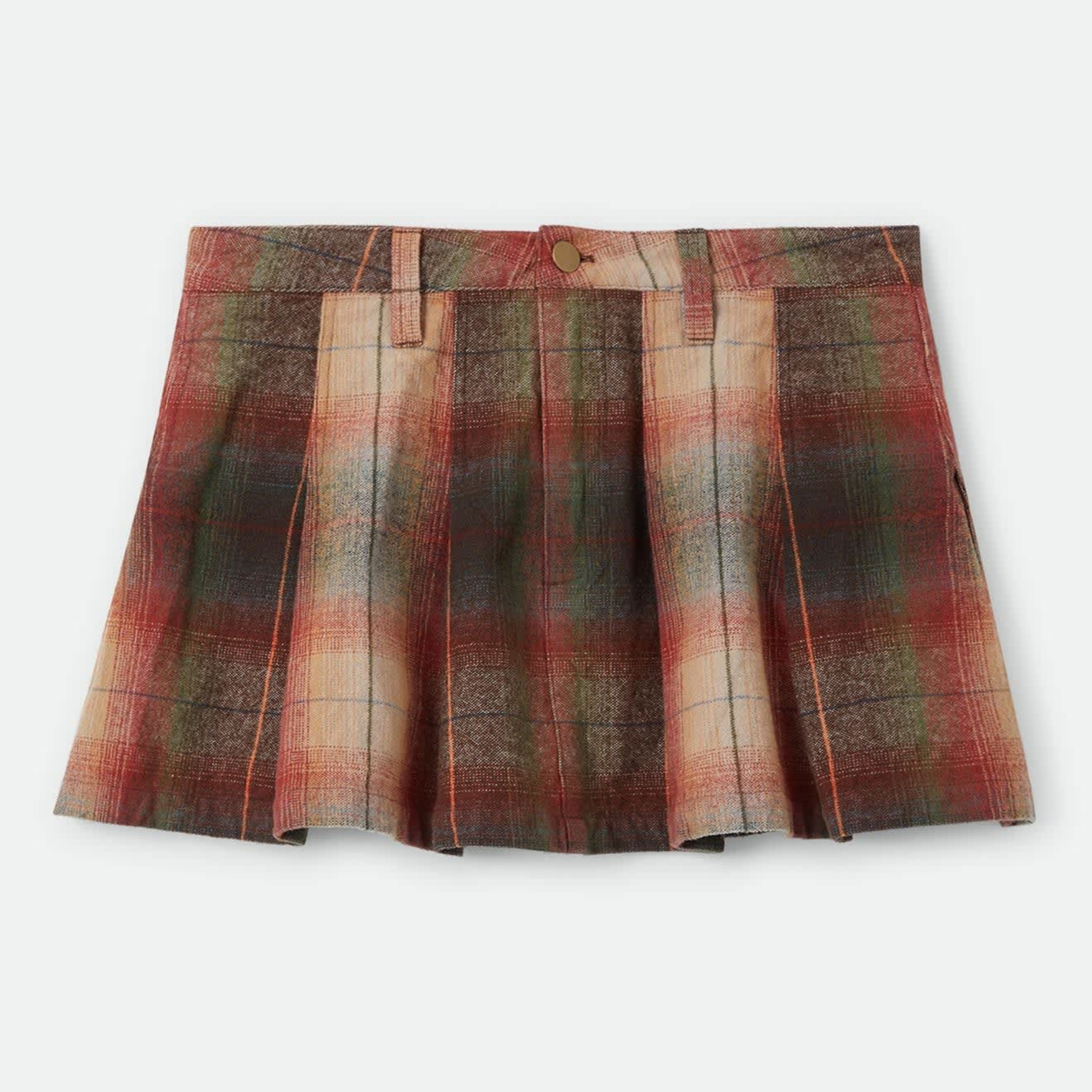 a green, red and cream pleated mini skirt. 