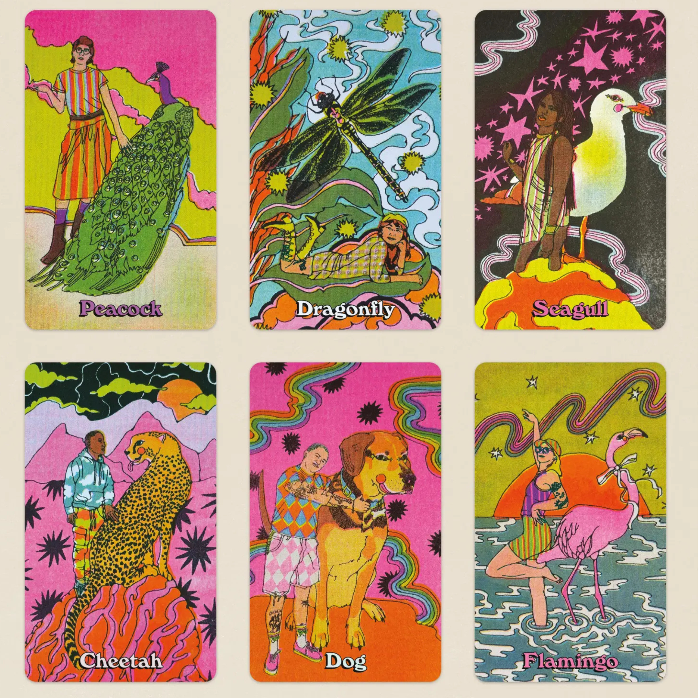 Six illustrated tarot-style cards arranged in a 2x3 grid on a light beige background. The cards feature whimsical, psychedelic artwork with labels reading Peacock, Dragonfly, Seagull, Cheetah, Dog, and Flamingo.