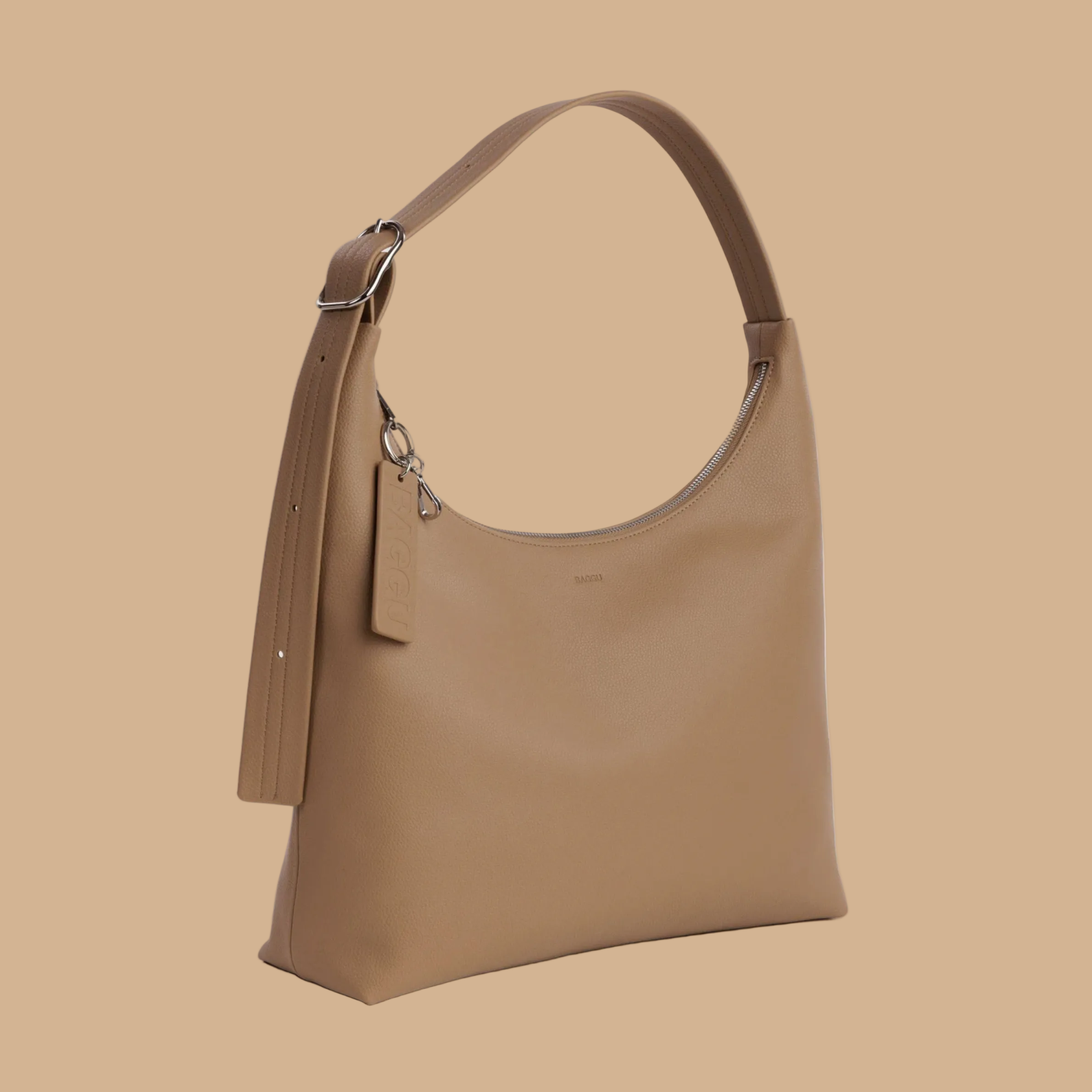 A tan recycled leather shoulder handbag.