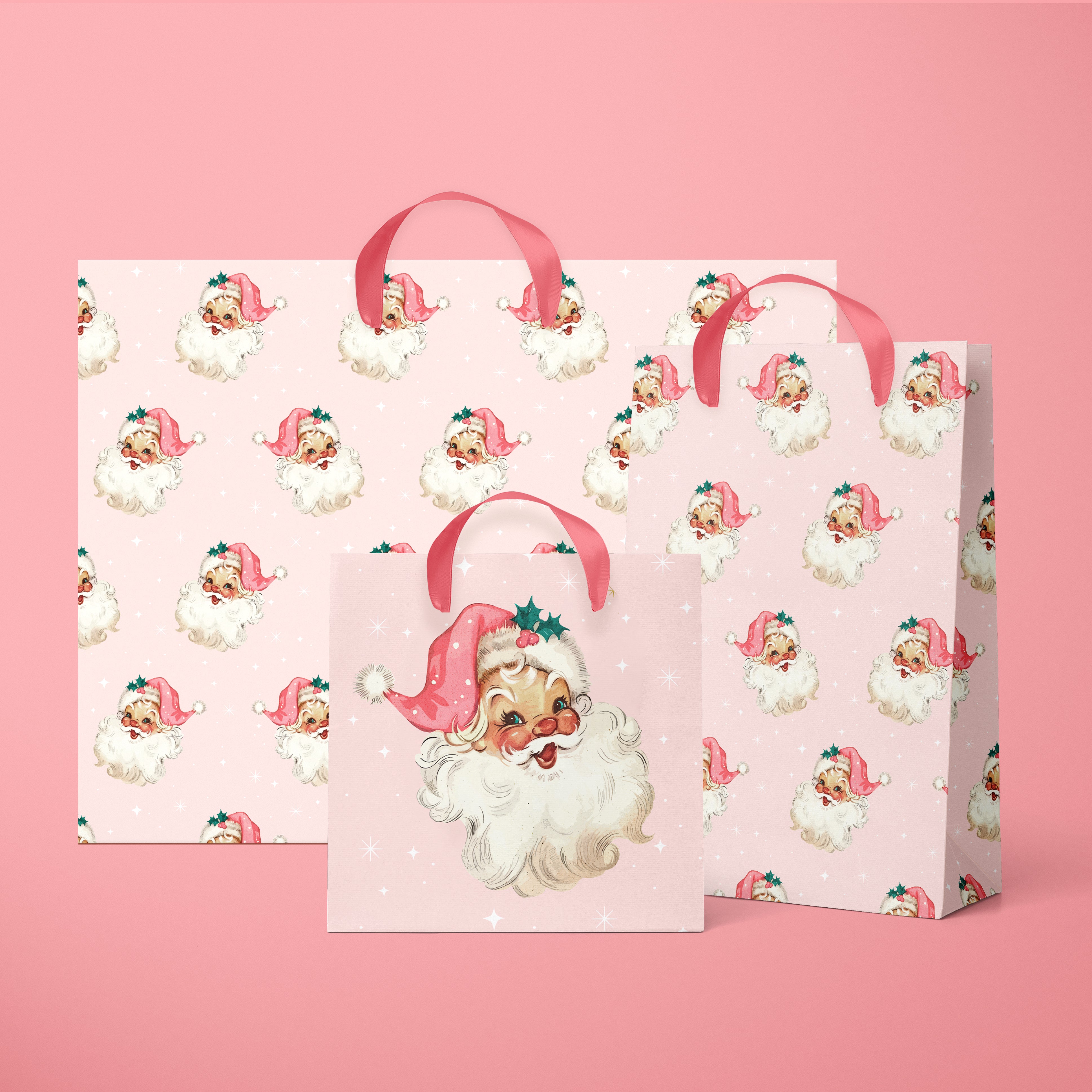 A light pink gift bag with graphics of a retro santa clause. 