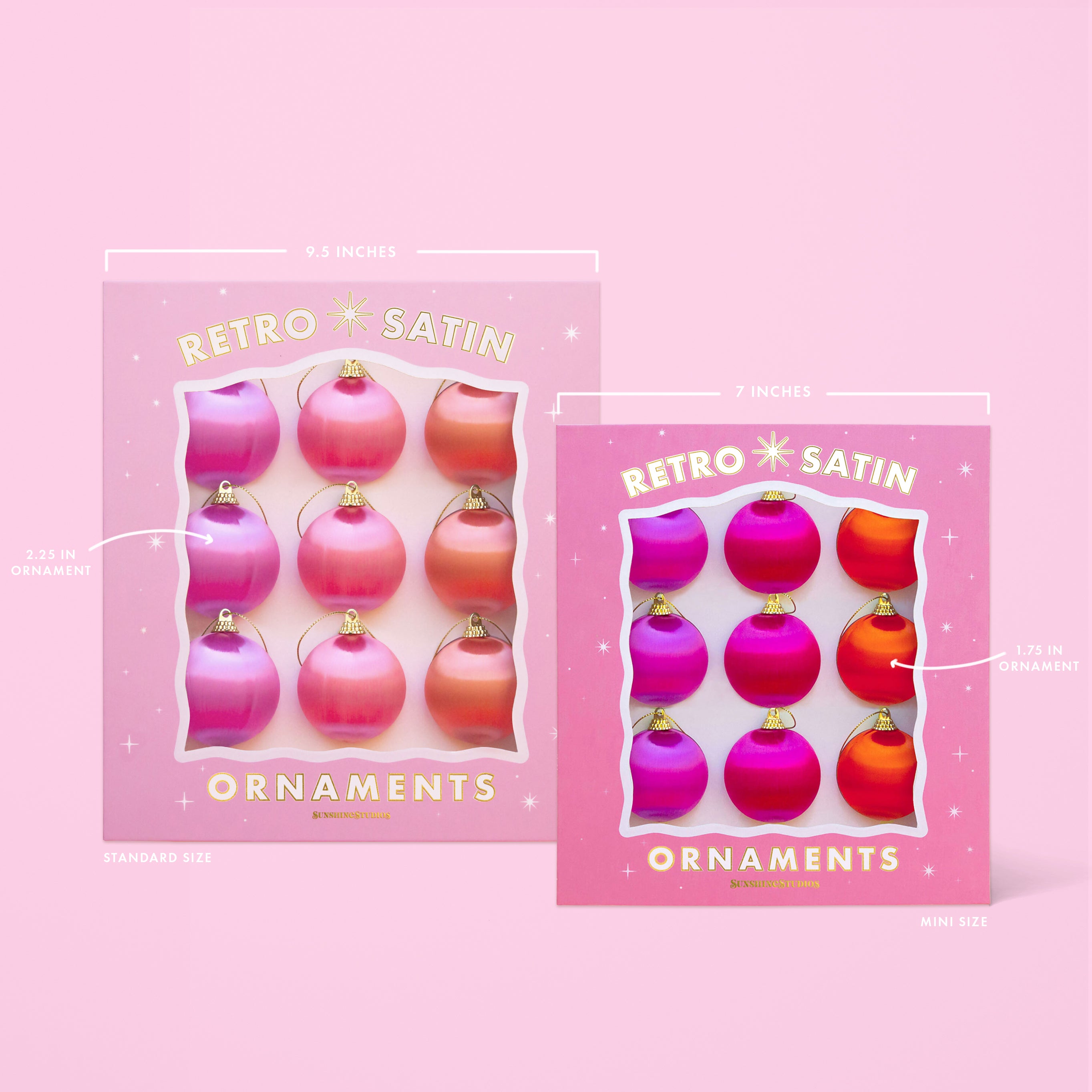 Two boxes of satin ball Christmas ornaments.  The balls are pink, orange and purple colors.  The boxes read, "Retro Satin Ornaments" with gold accents.
